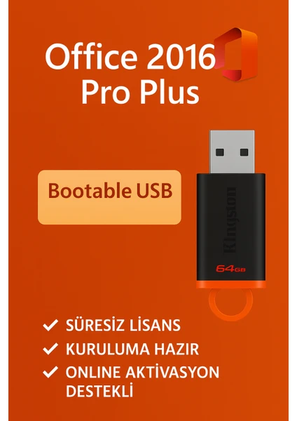Office 2016 Pro Plus Lisans Key + 64 GB Bootable USB Flash Bellek – Kolay Kurulum - 2025 Ürün Anahtarı ve Key