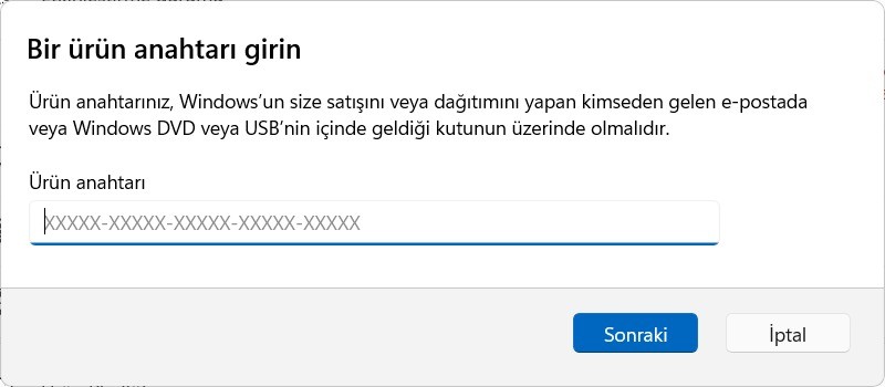 Ürün anahtarını giriyoruz.