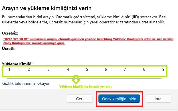 Windows 11 Home'u etkinleştirirken görünen onay kimliği ekranı.