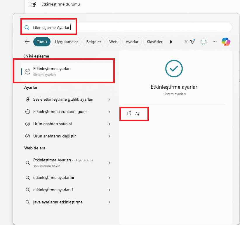 Windows 11 Pro ve Home ürününü etkinleştirmek için arama kısmına etkinleştirme ayarları yazıyoruz