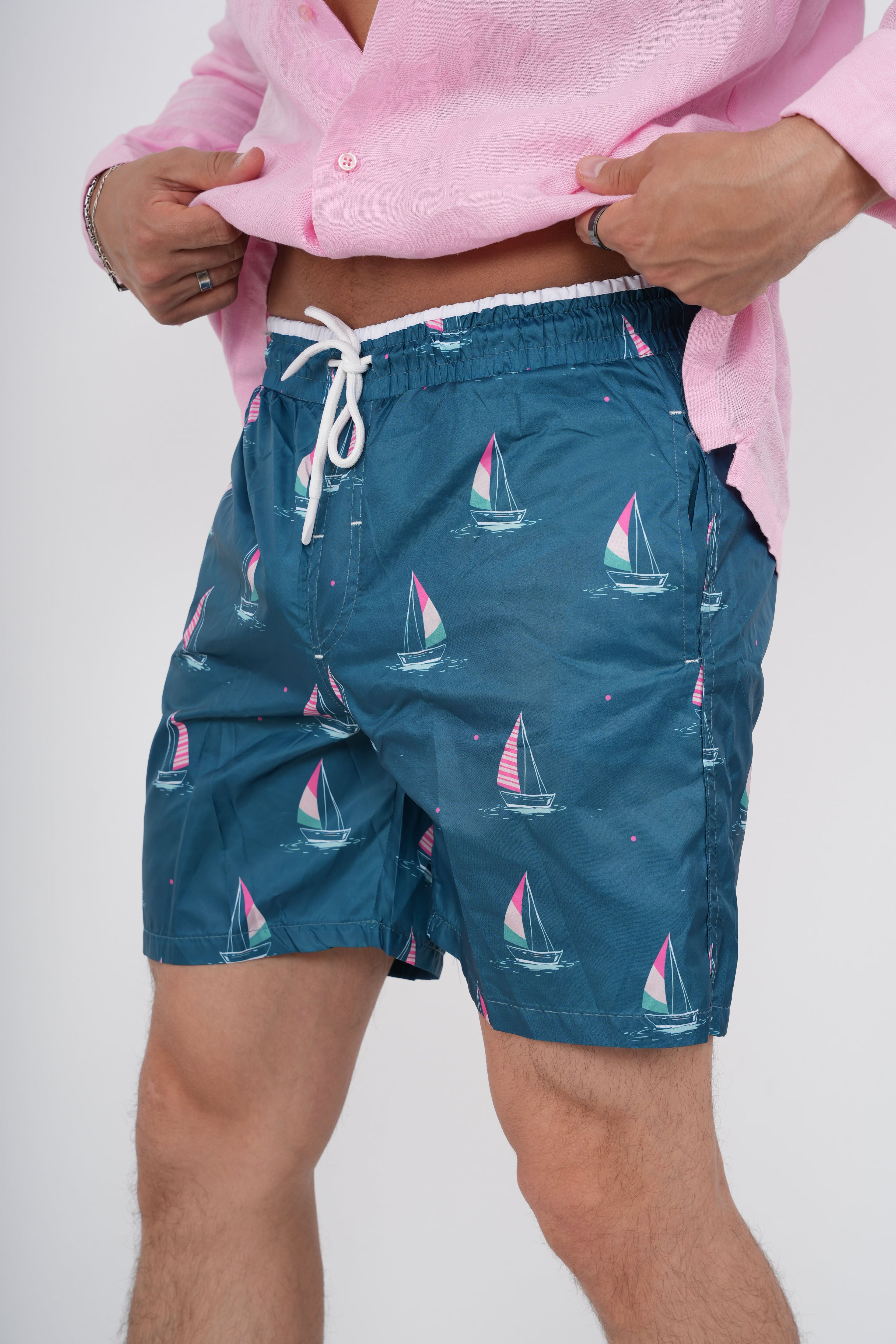 Sailboat Printed Water Repellent Swim Shorts - Petrol Mavisi