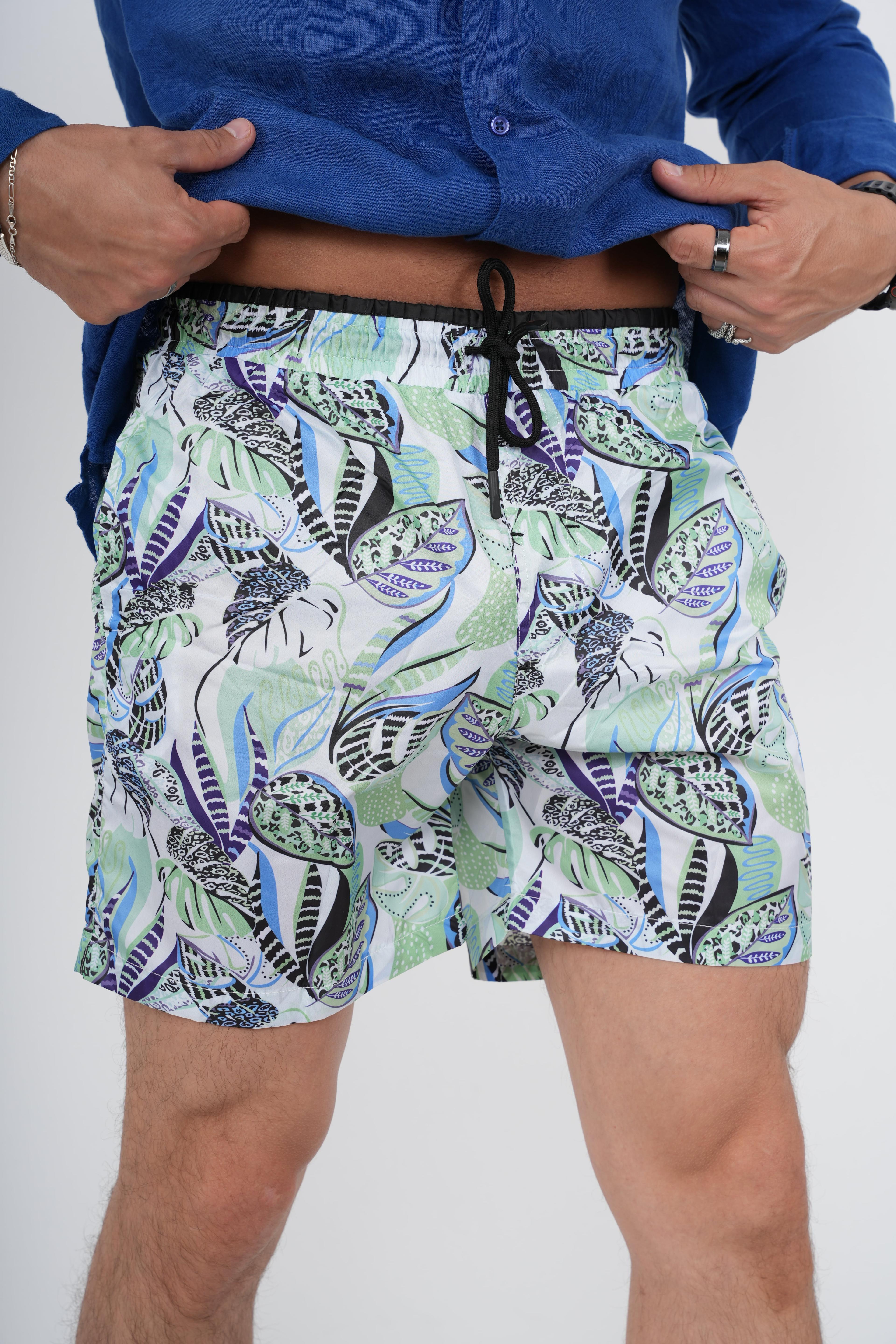 Colourful Leaves Printed Water Repellent Swim Shorts - Green