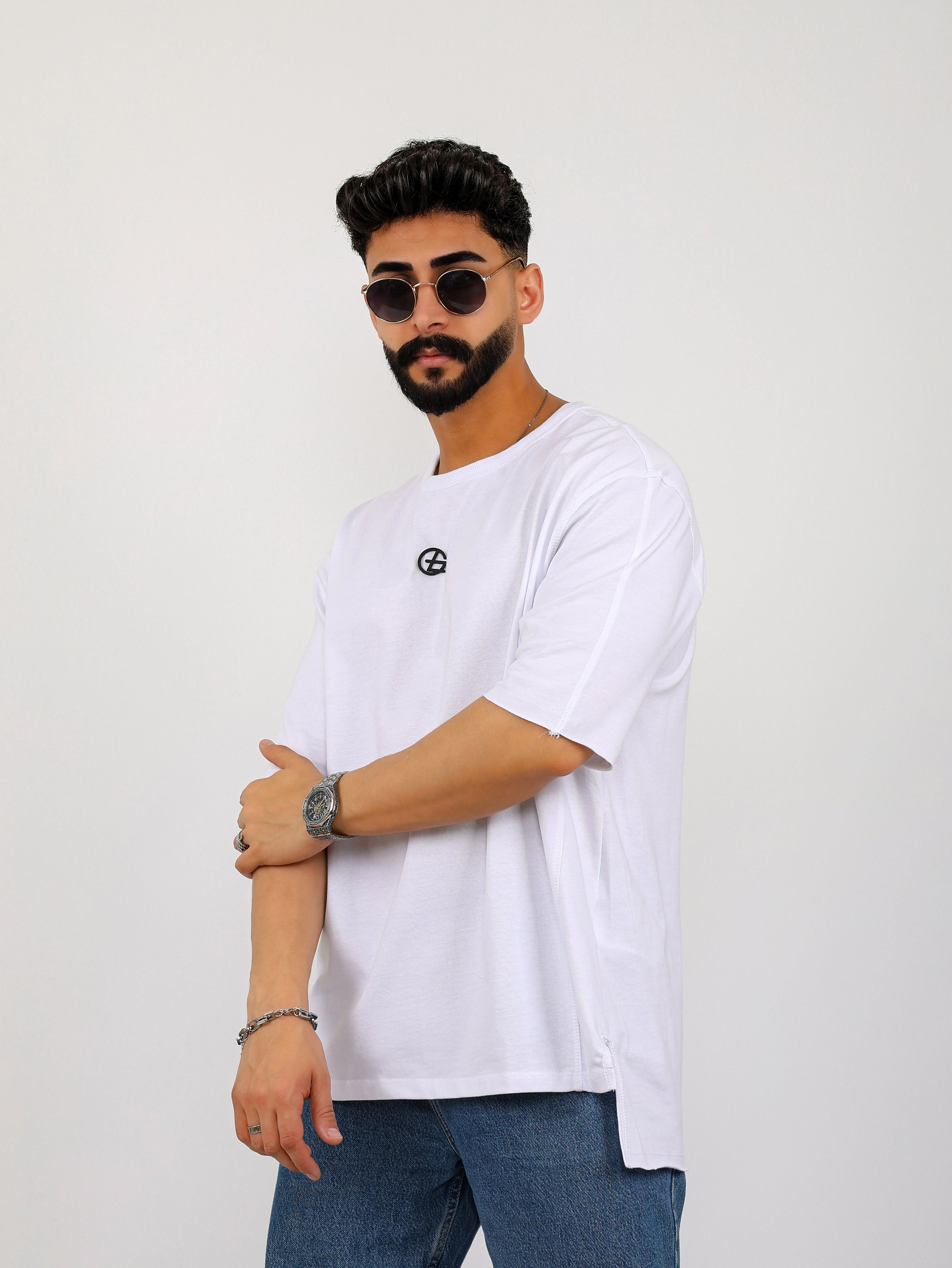 Metal Logo Sewing Oversized Tee - Beyaz