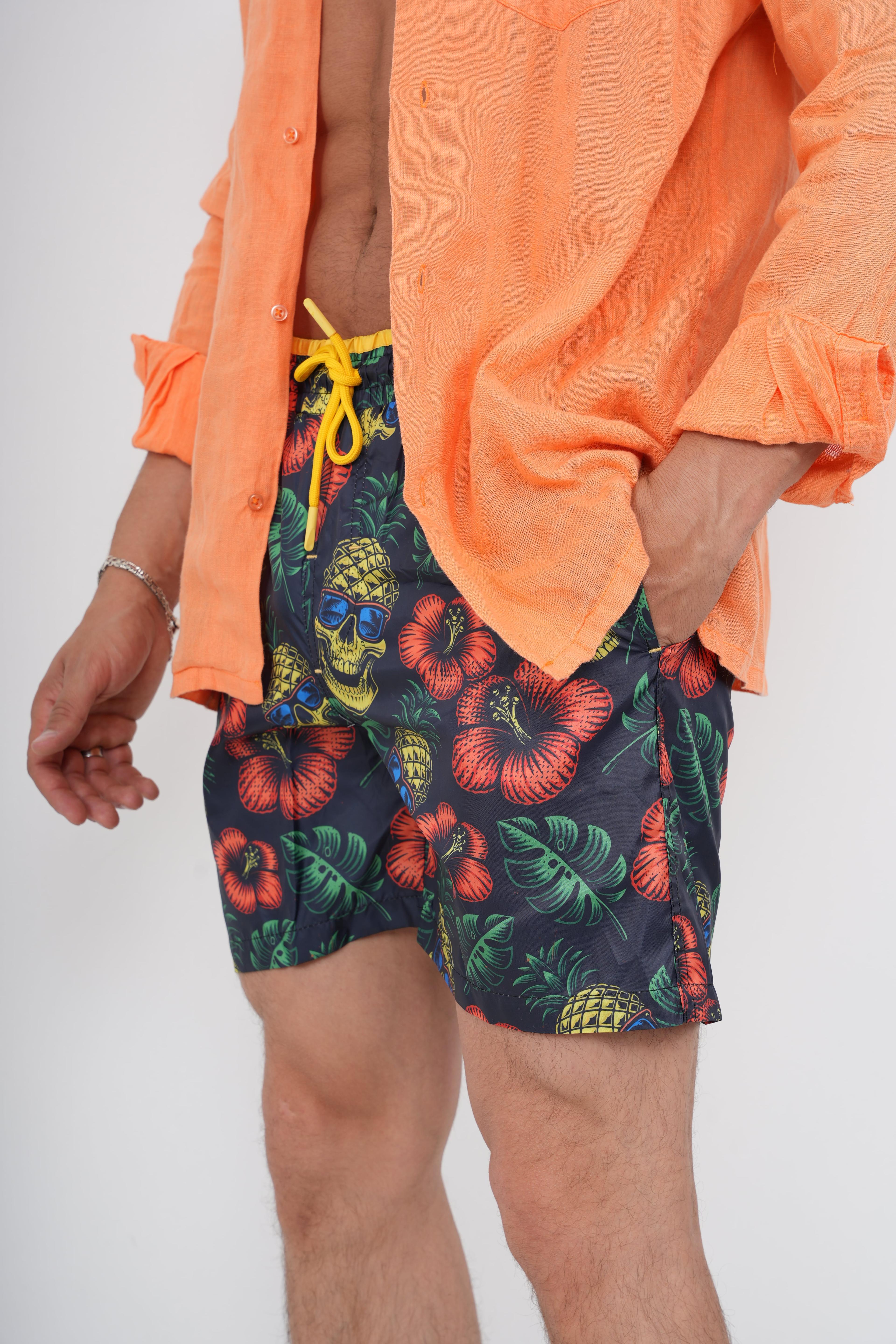 Pineapple Skull Printed Water Repellent Swim Shorts - Orange