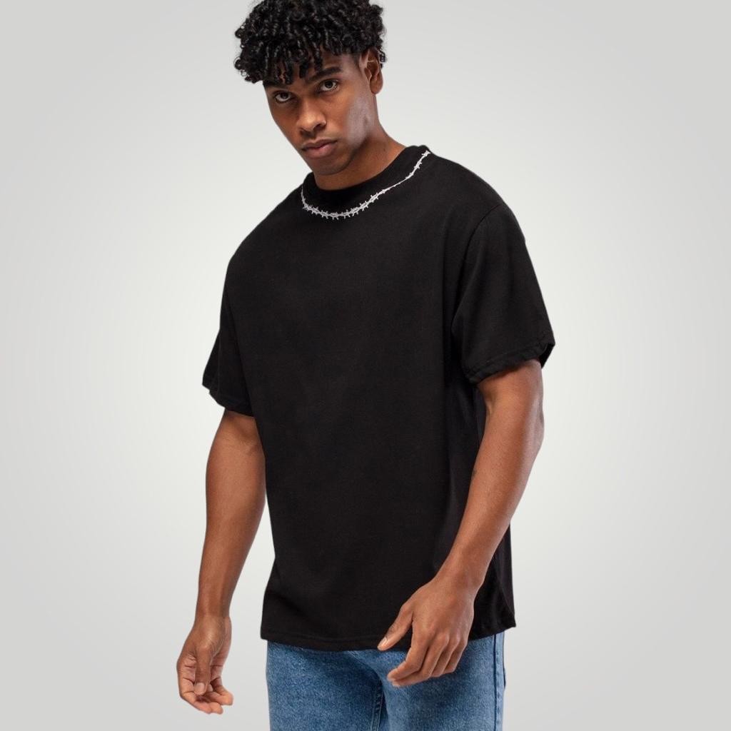 Wire Printed Neck Oversized Tee - Siyah