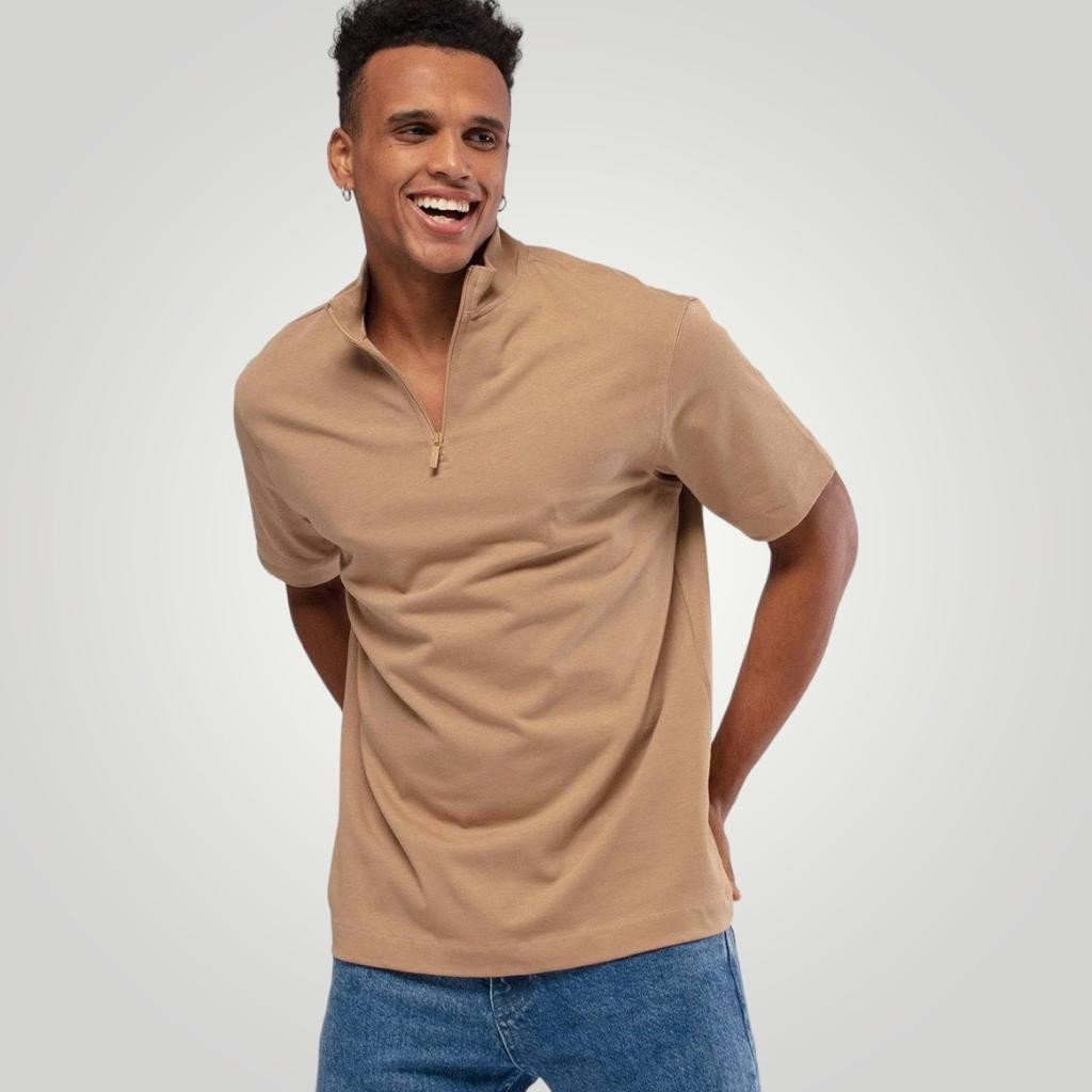 Zipper Neck Relaxfit Tee - Brown