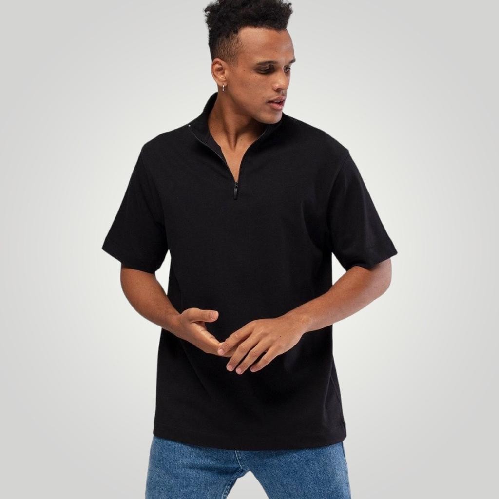 Zipper Neck Relaxfit Tee - Black