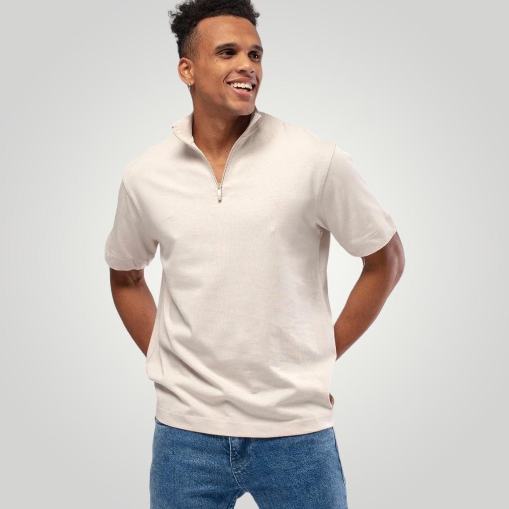 Zipper Neck Relaxfit Tee - Beige