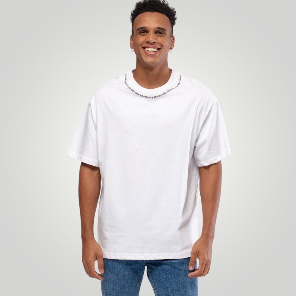 Wire Printed Neck Oversized Tee - White