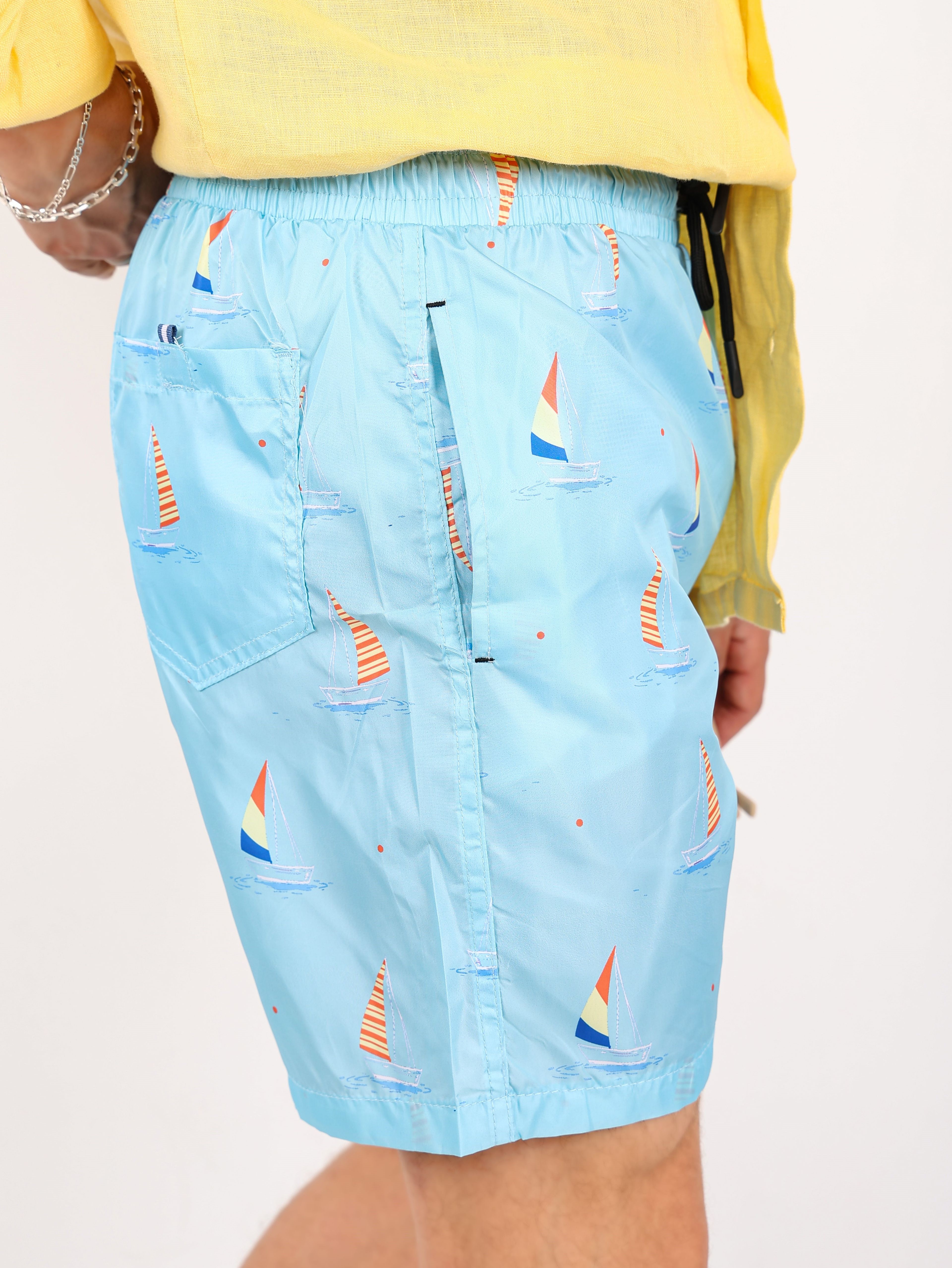 Sailboat Printed Water Repellent Swim Shorts - Turquoise