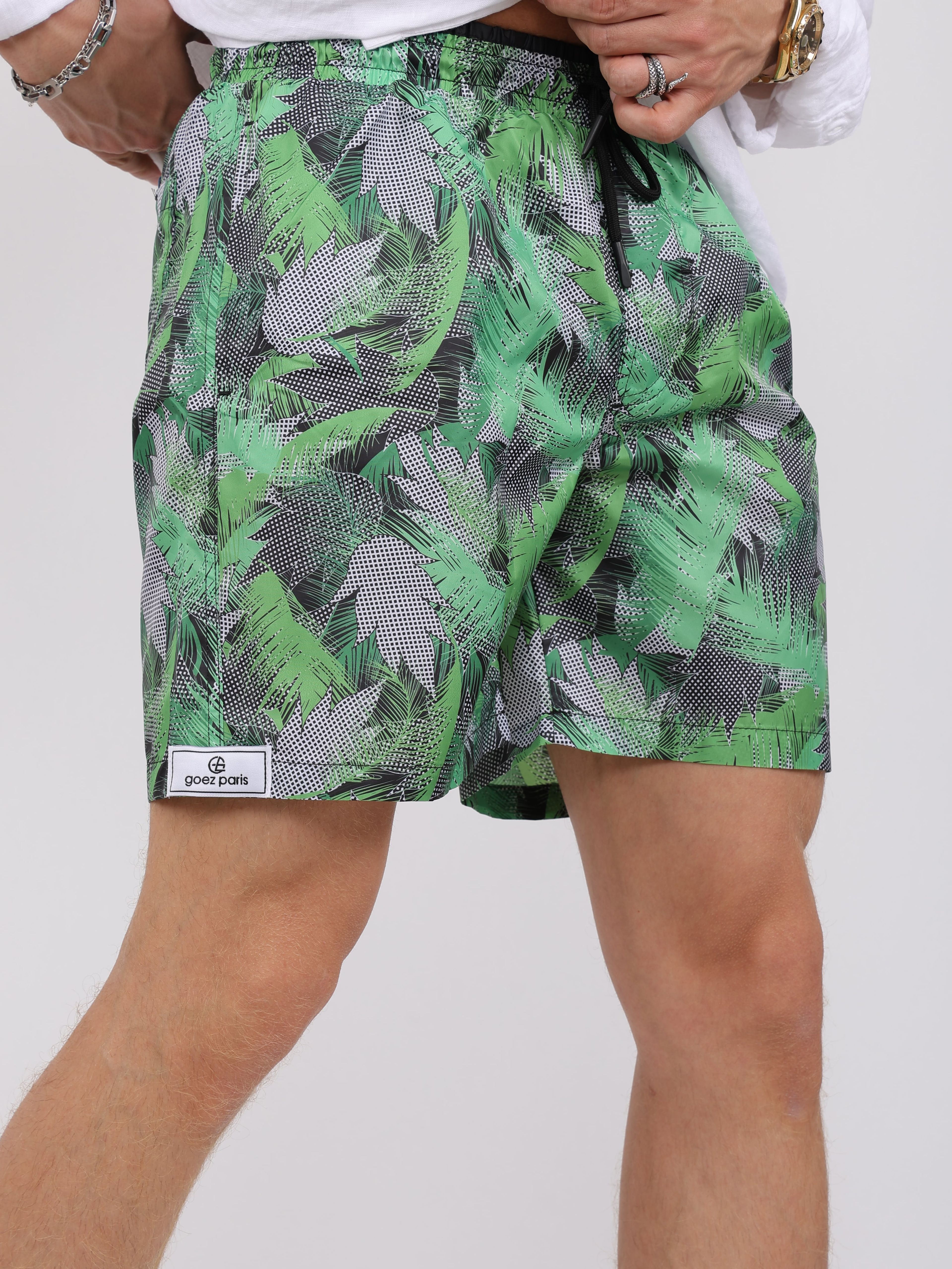 Leaf Printed Water Repellent Swim Shorts - Green