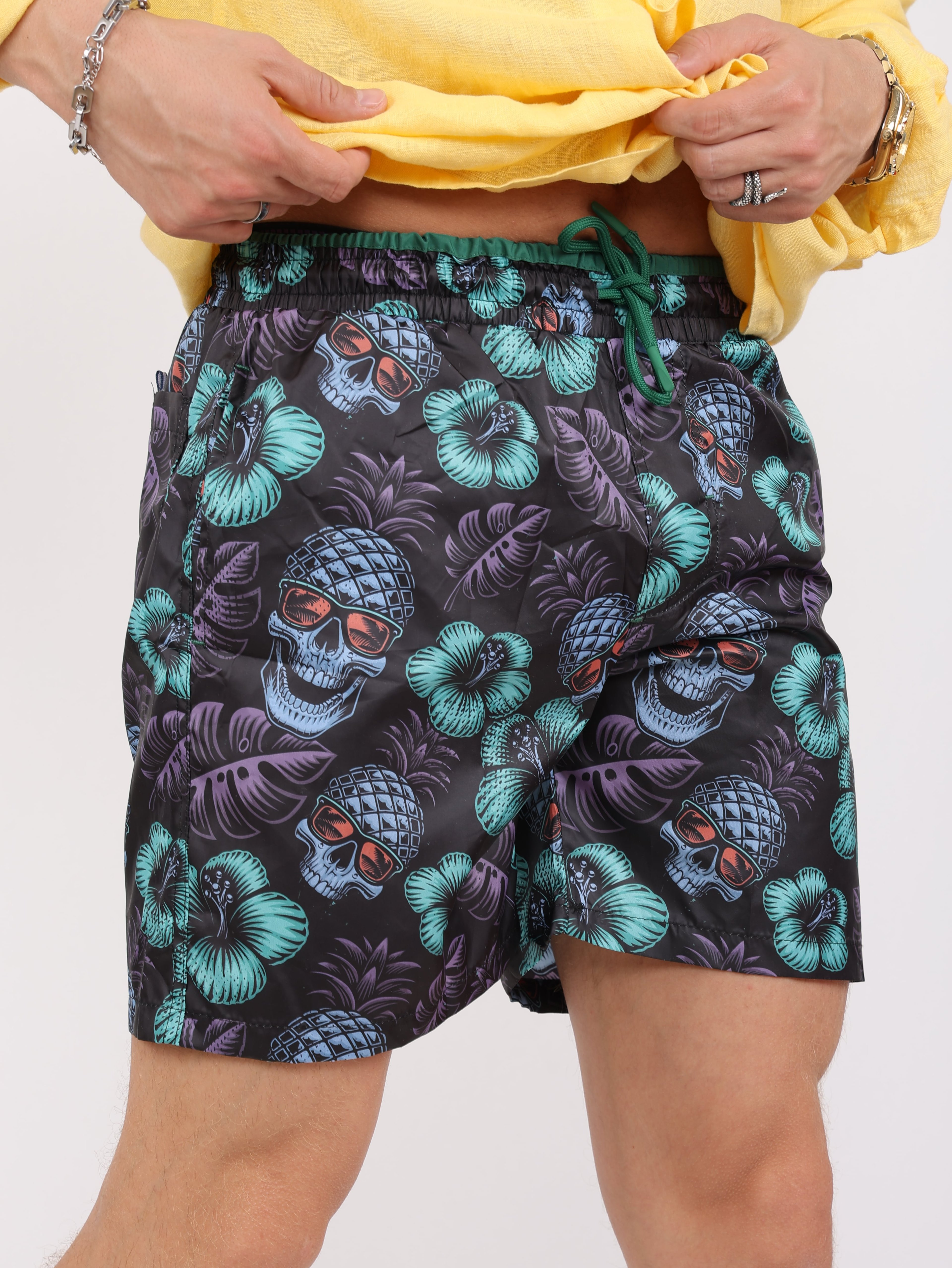 Pineapple Skull Printed Water Repellent Swim Shorts - Green