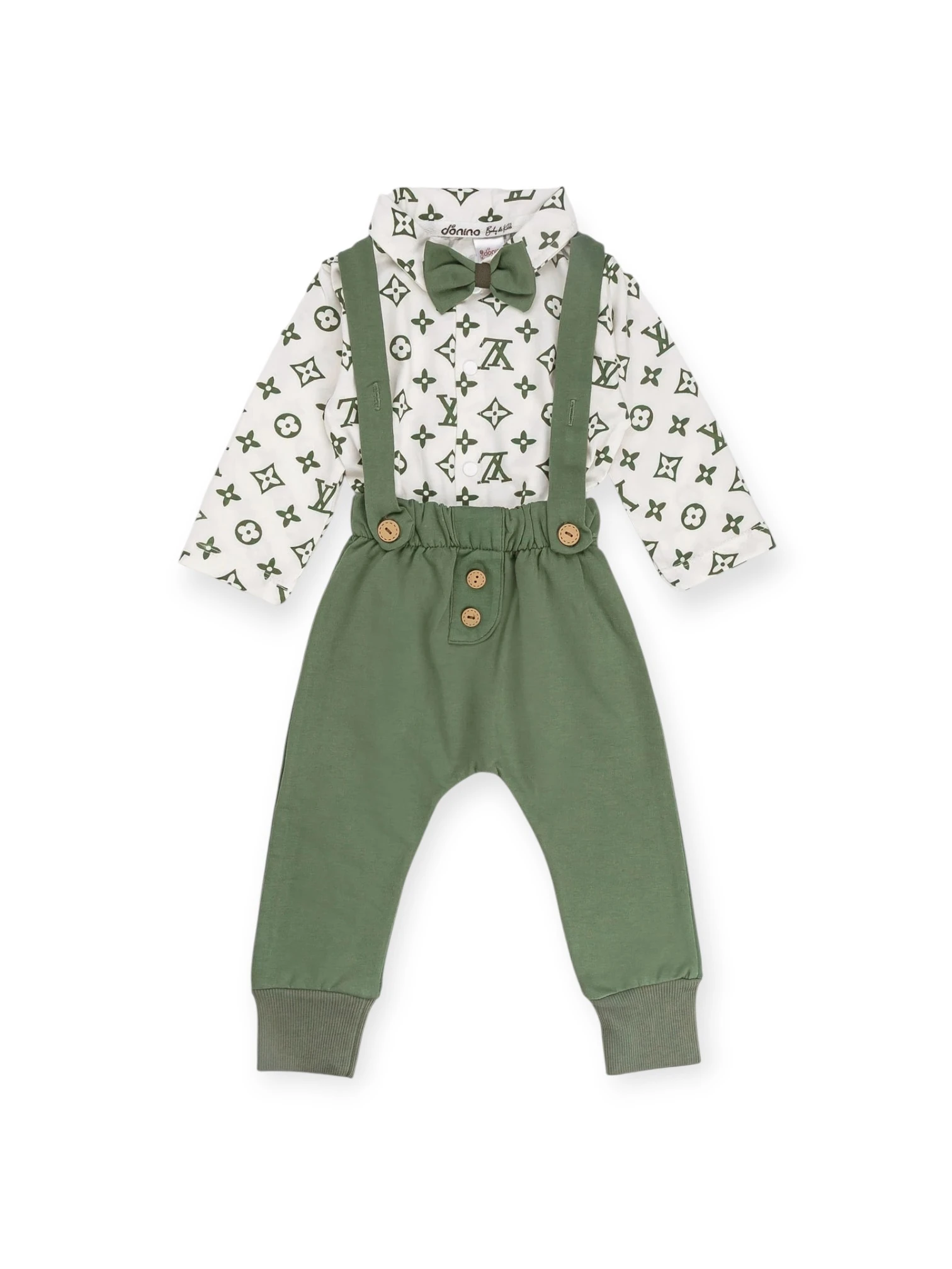 AHŞAP DÜĞMELİ PAPYONLU ERKEK BEBEK SLOPET TAKIM