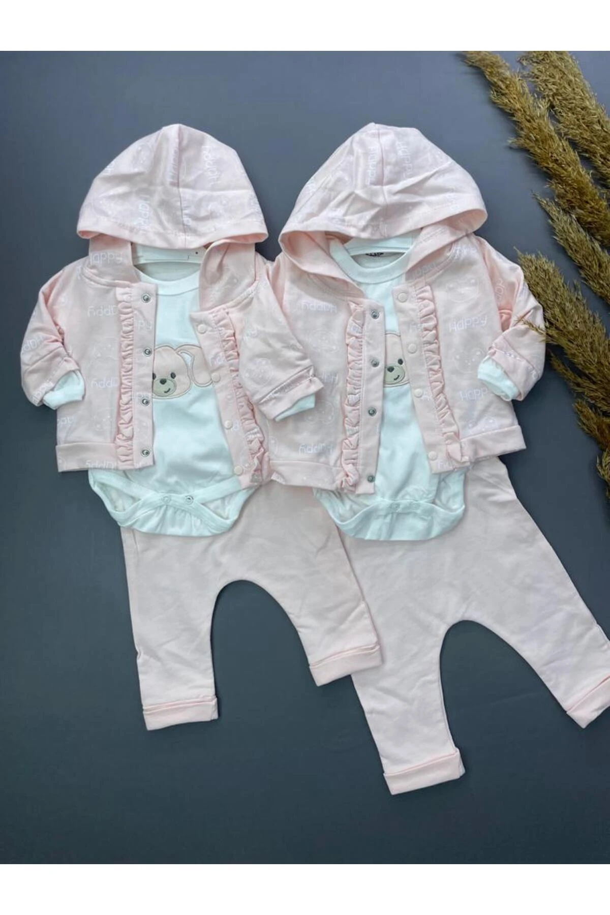 HAPPY BASKILI KIZ BEBEK %100 PAMUK 2 İPLİK HIRKALI KAPŞONLU 3 LÜ TAKIM