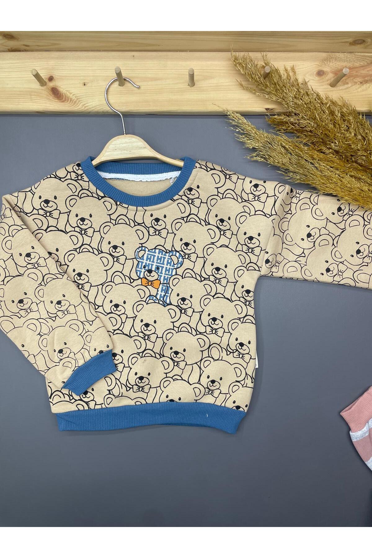 ŞARDONLU İÇİ POLARLI KIŞLIK ÇOCUK GİYİM AYI BASKILI KAZAK