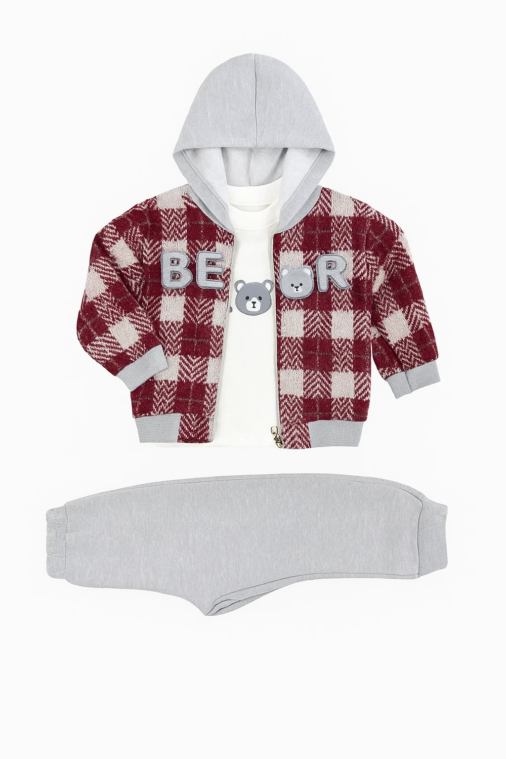 BEAR NAKIŞLI ÖRGÜ EKOSE HIRKA 3'LÜ TAKIM