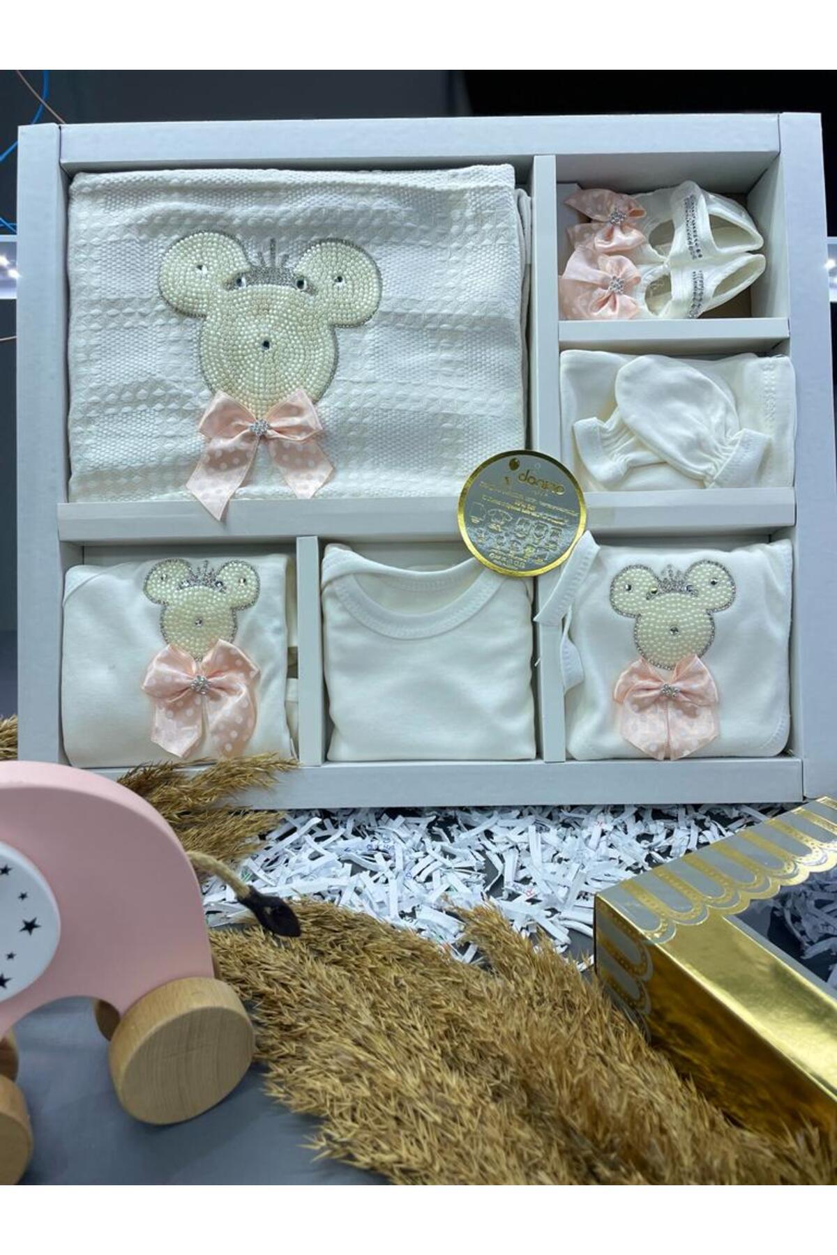 BEBEK GİYİM TAŞ BASKILI FİYONKLU 10LU HASTANE ÇIKIŞI SETİ KIZ BEBEK