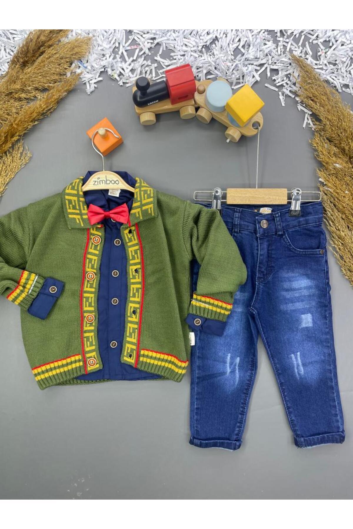 ERKEK ÇOCUK GİYİM 2-5 YAŞ TRİKO HIRKALI GÖMLEKLİ PAPYON AKSESURARLI KOT PANTOLONLU 4 LÜ TAKIM