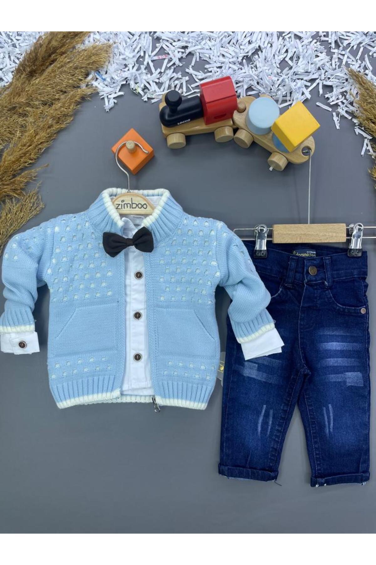 ERKEK ÇOCUK GİYİM TRİKO DESENLİ HIRKALI GÖMLEKLİ PAPYONLU KOT PANTOLONLU 4 LÜ TAKIM