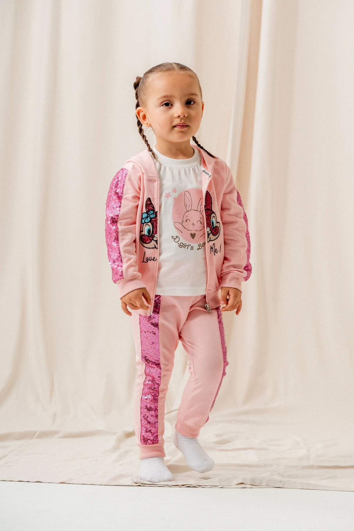 KIZ ÇOCUK  PULLU TAVŞAN NAKIŞLI %100 PAMUK PENYE 2 İPLİK 3 LÜ TAKIM