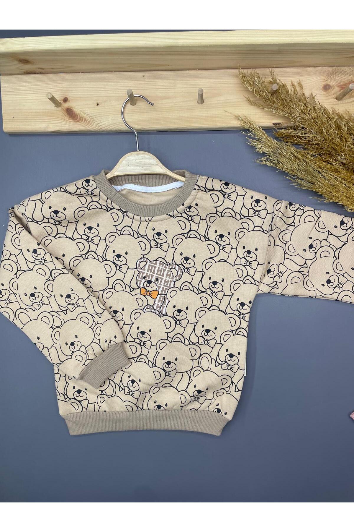 Çocuk Kazak Şardonlu Içi Polarlı Kışlık Çocuk Giyim Ayı Baskılı Kazak