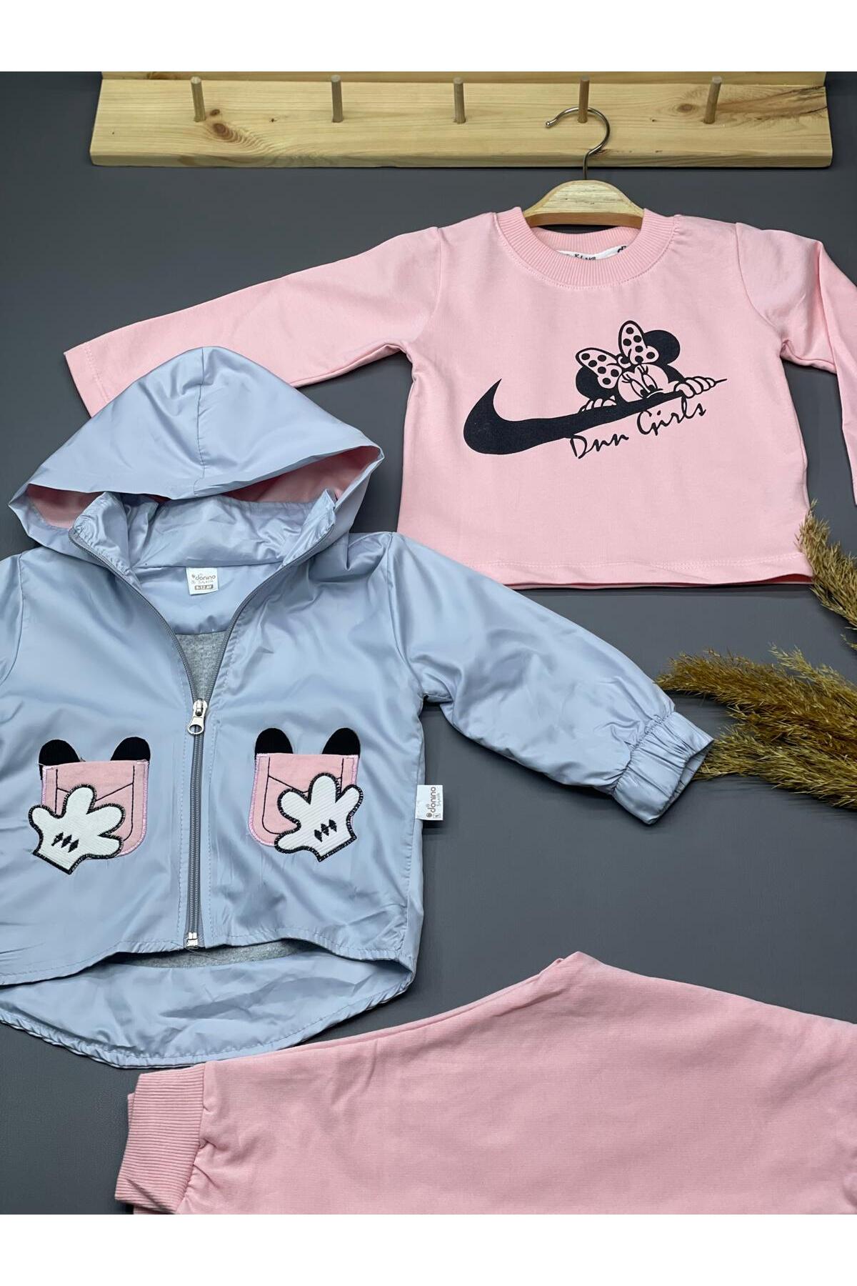 CEP NAKIŞ DETAYLI KIZ BEBEK  KAPŞONLU YAĞMURLUK 3 LÜ TAKIM