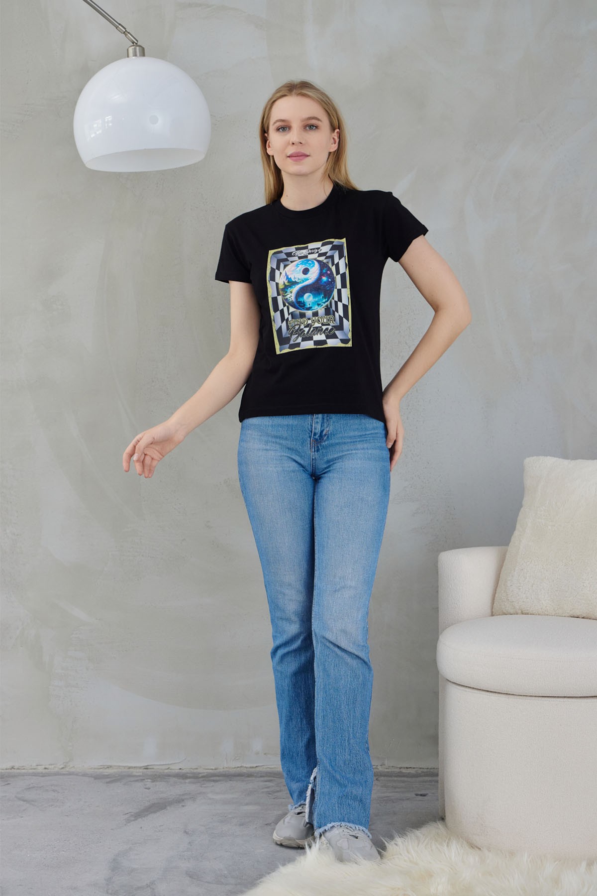 Kadın T-Shirt Yin Yang Find Your Balance Baskılı - Siyah