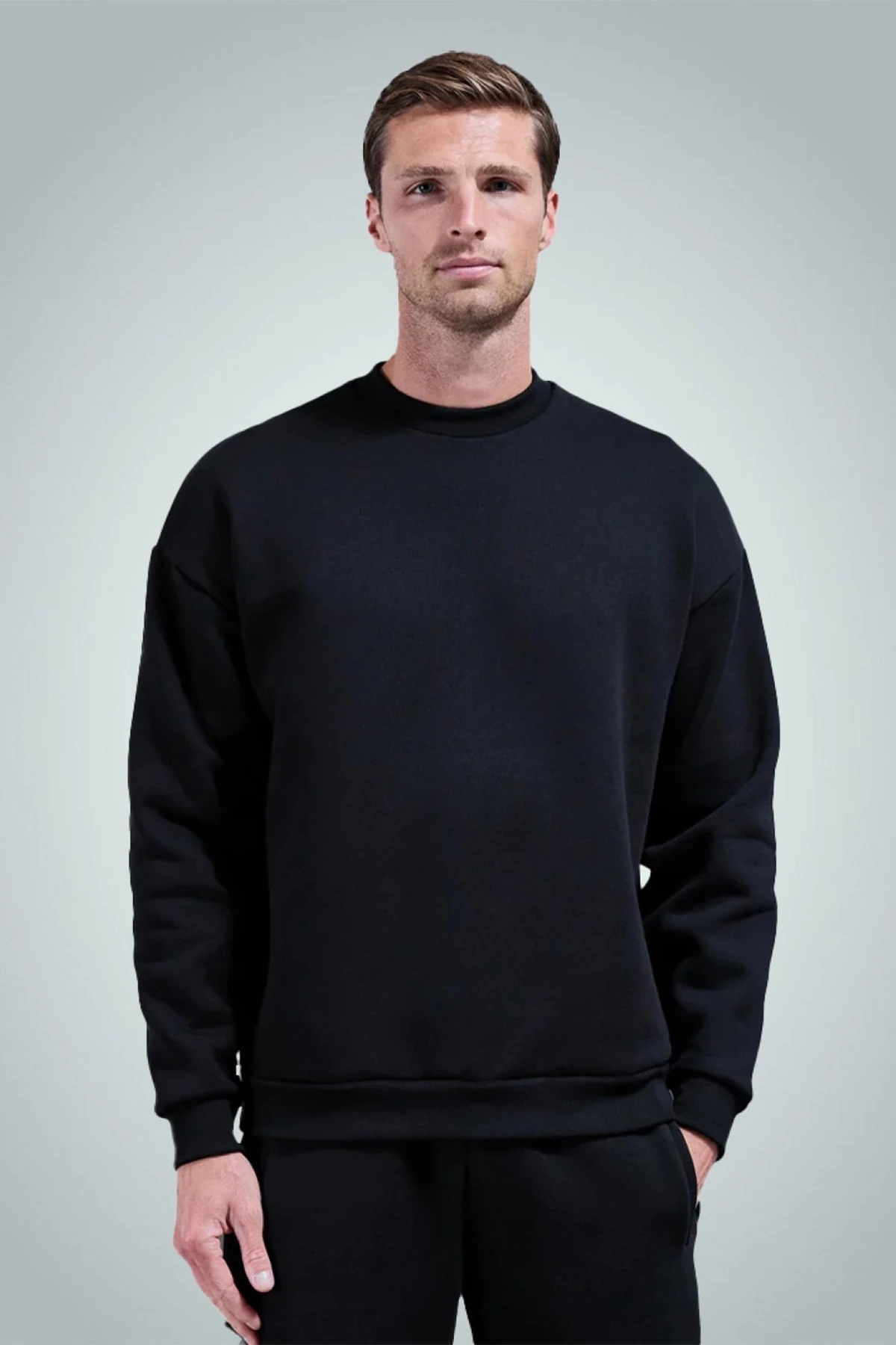 Erkek Bisiklet Yaka Düz Sweatshirt - Черный