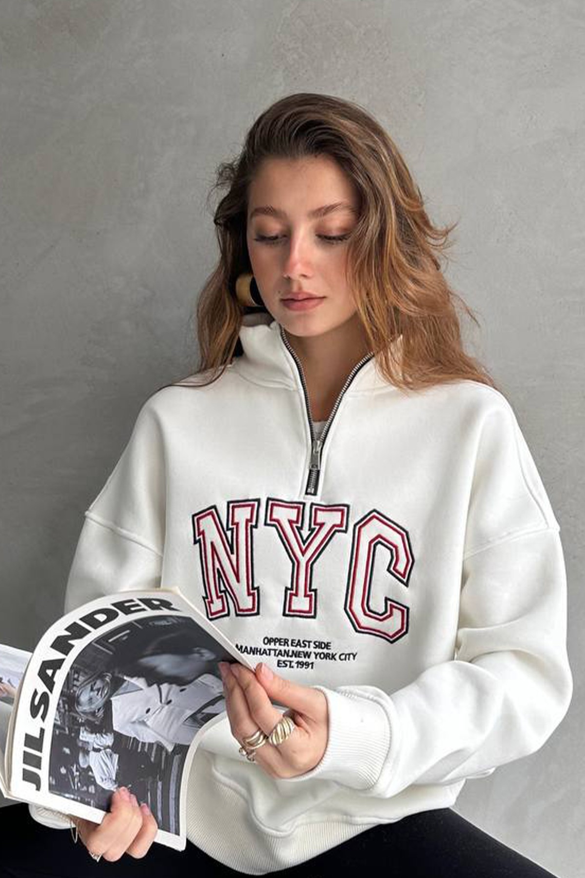 Oversize Kadın Sweatshirt Yumuşak Dokulu Yarım Fermuarlı NYC Baskılı Sweat