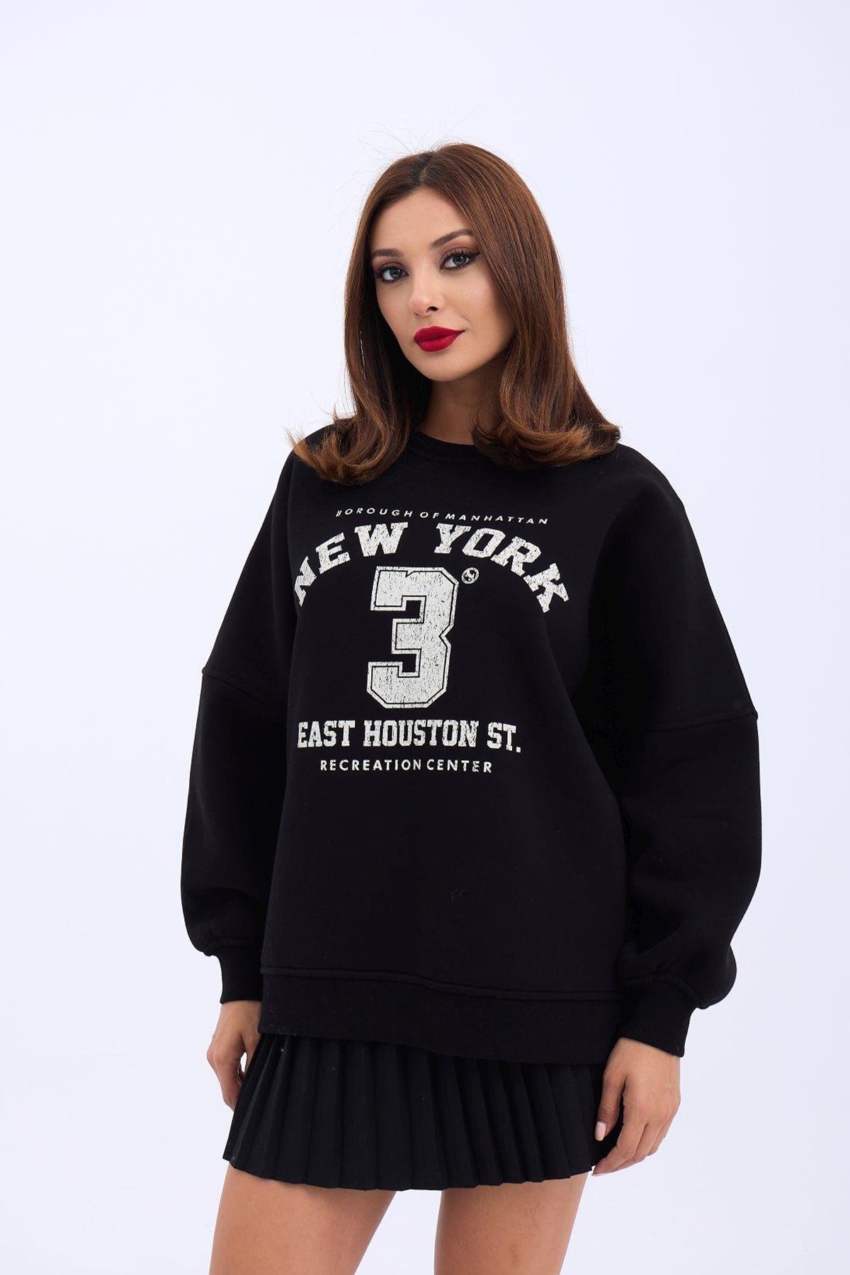 Kadın Sweatshirt Bisiklet Yaka New York Baskı Detaylı Şardonlu Kumaş - Черный