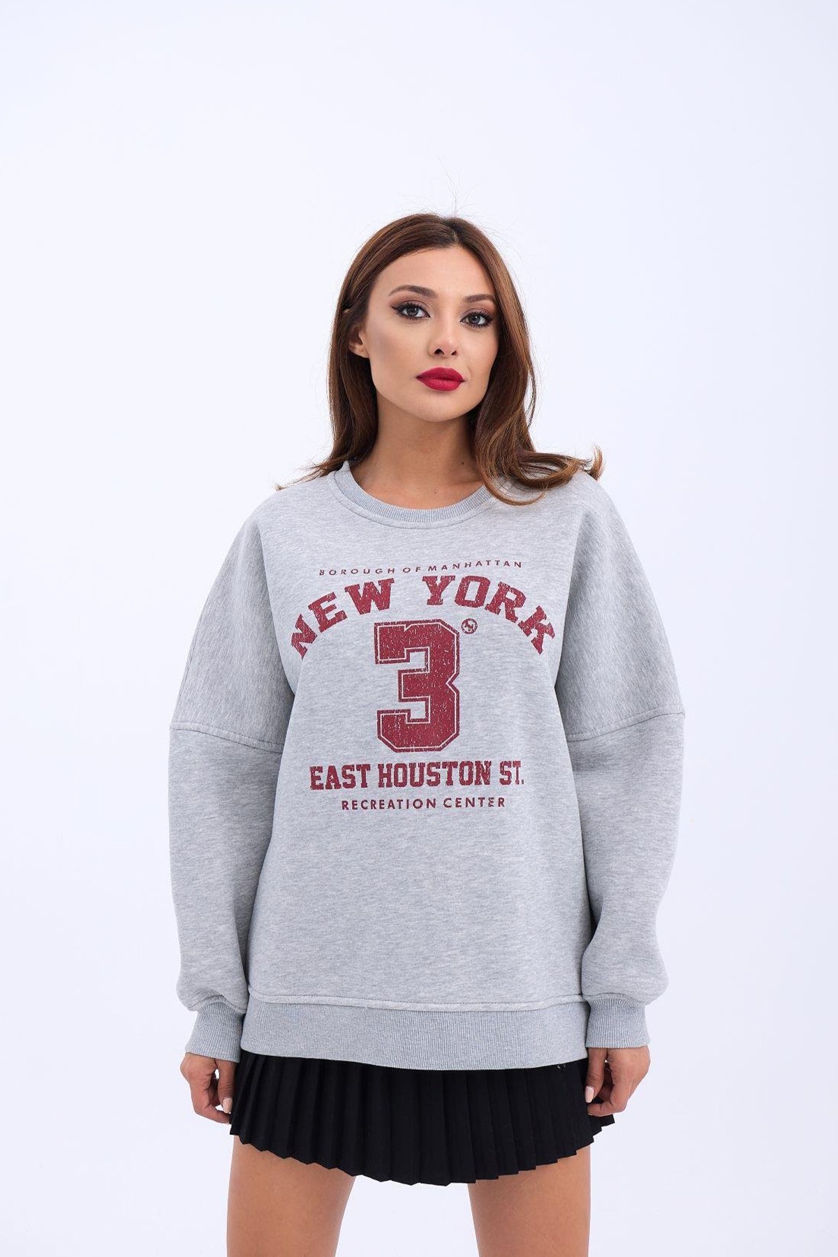 Kadın Sweatshirt Bisiklet Yaka New York Baskı Detaylı Şardonlu Kumaş - Серый