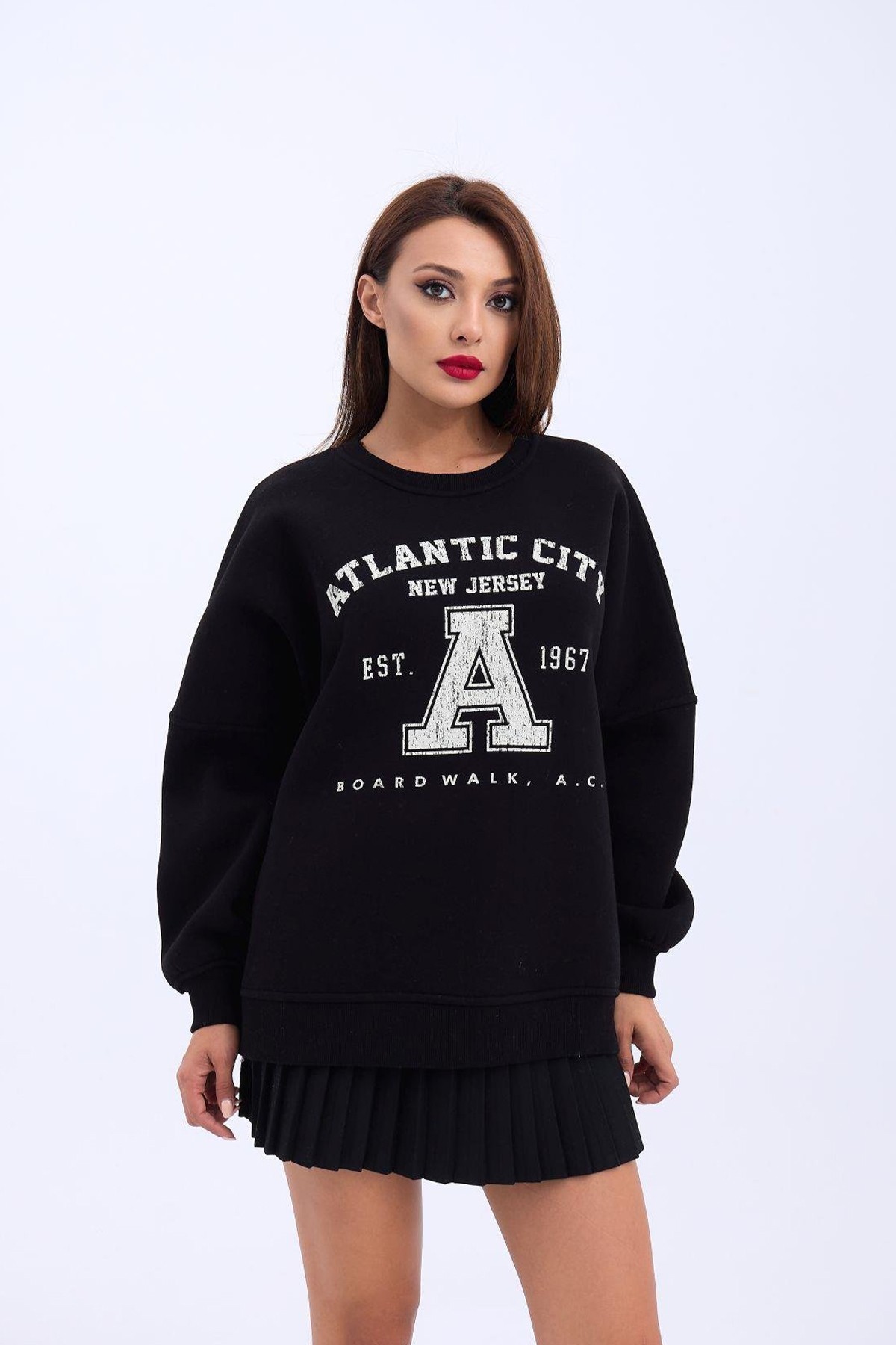 Kadın Sweatshirt Bisiklet Yaka Baskı Detaylı 3 İplik Şardonlu Kumaş