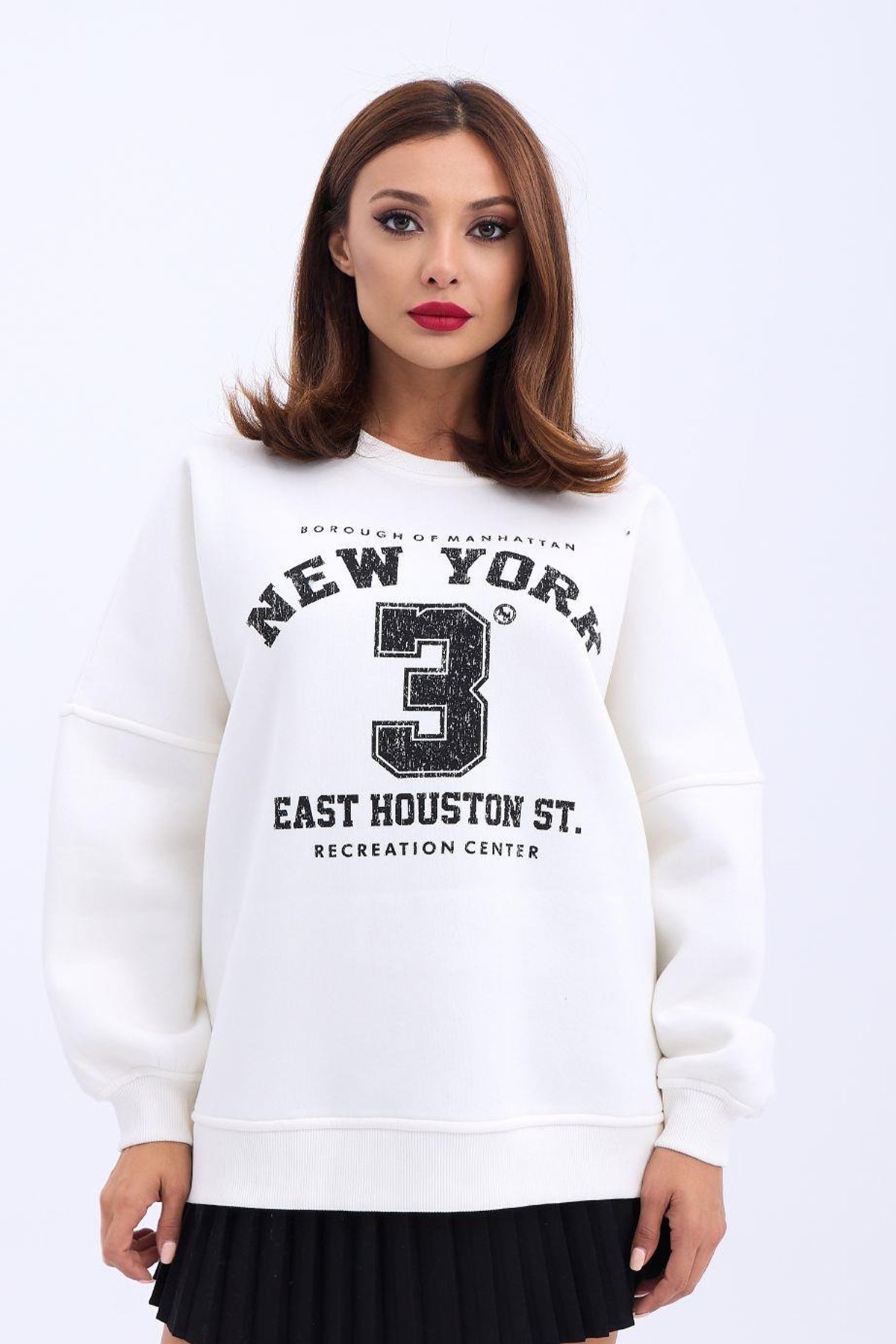 Kadın Sweatshirt Bisiklet Yaka New York Baskı Detaylı Şardonlu Kumaş - экрю