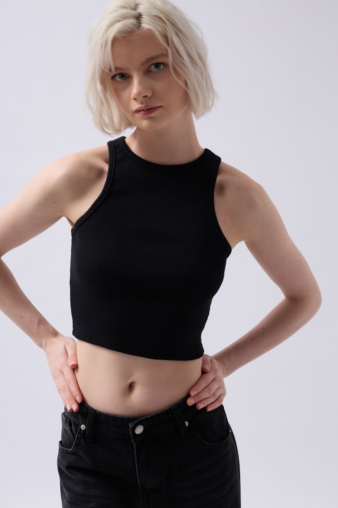 Halter Yaka Pamuklu Esnek Kumaş Crop Bluz - Черный