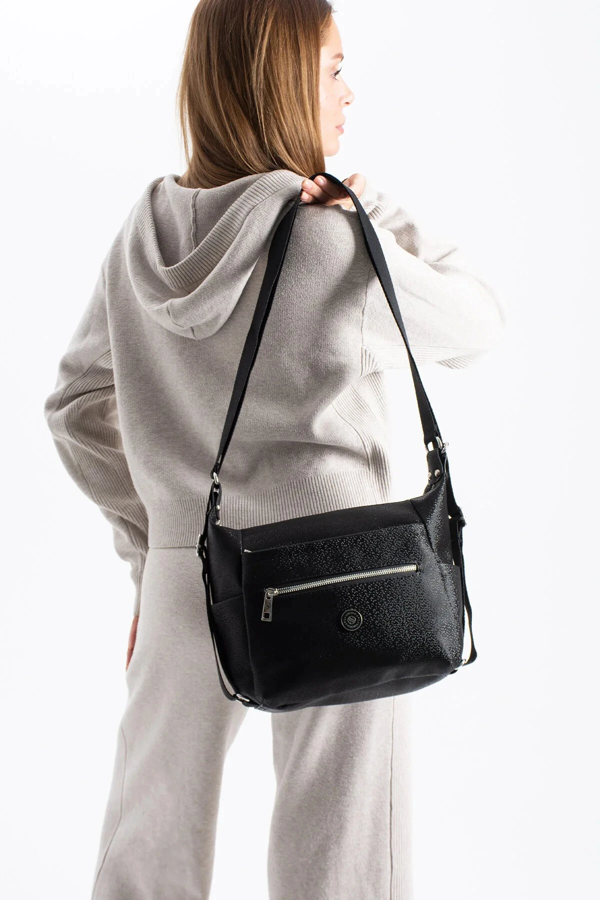 Kadın 4 Bölmeli Suni Yumuşak Deri Omuz ve Sırt Çantası - Siyah Mozaik