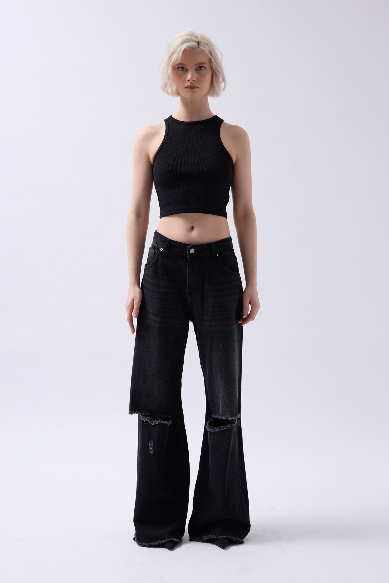 Halter Yaka Pamuklu Esnek Kumaş Crop Bluz - Черный