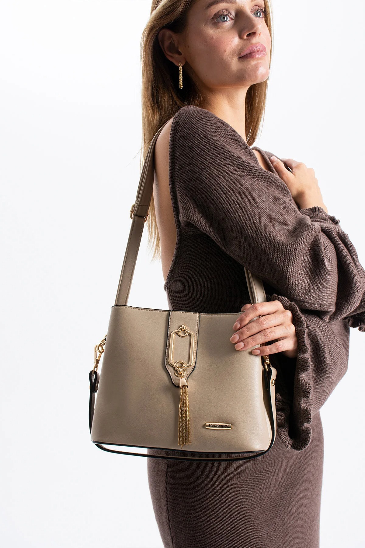 Gold Detaylı 3 Bölmeli Omuz ve Çapraz Kadın Çanta