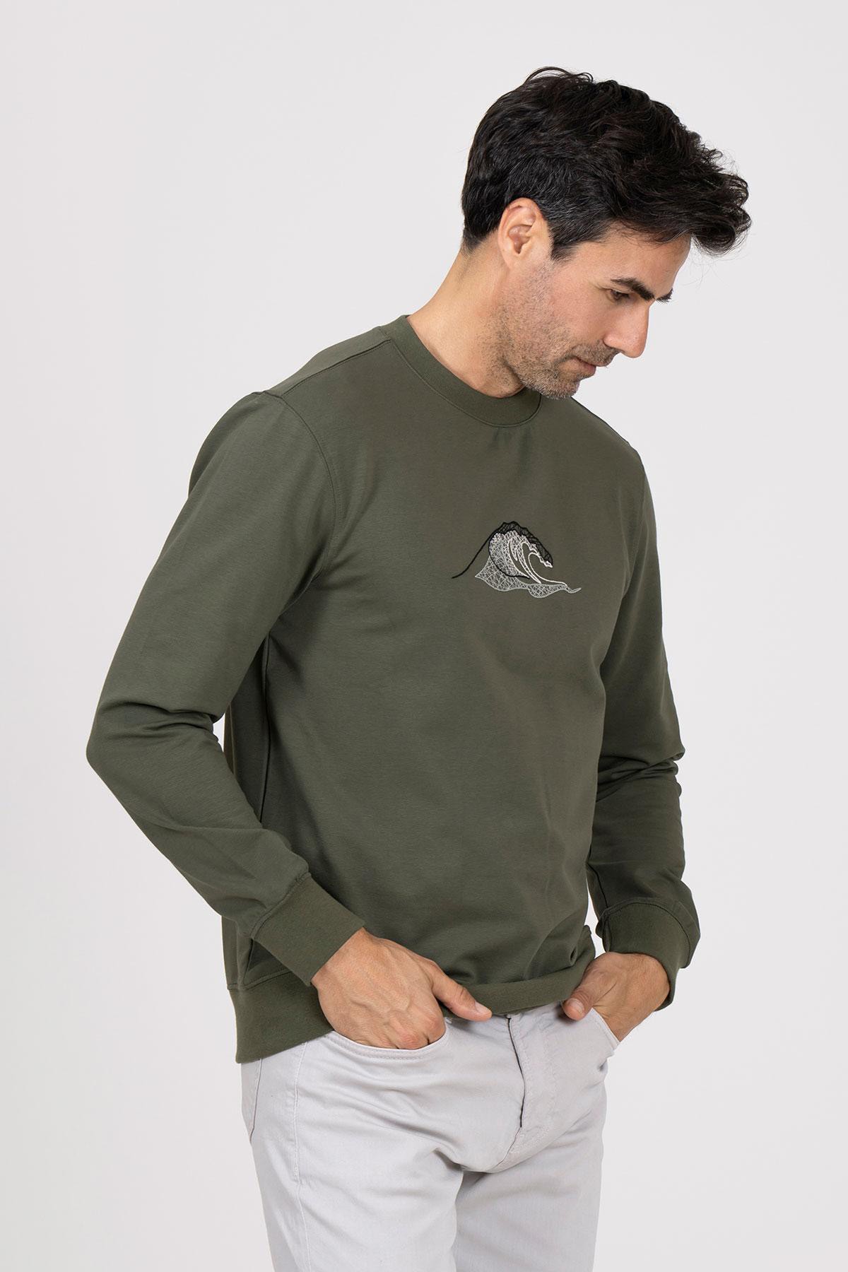 Wave Baskılı Bisiklet Yaka Pamuklu Erkek Sweatshirt