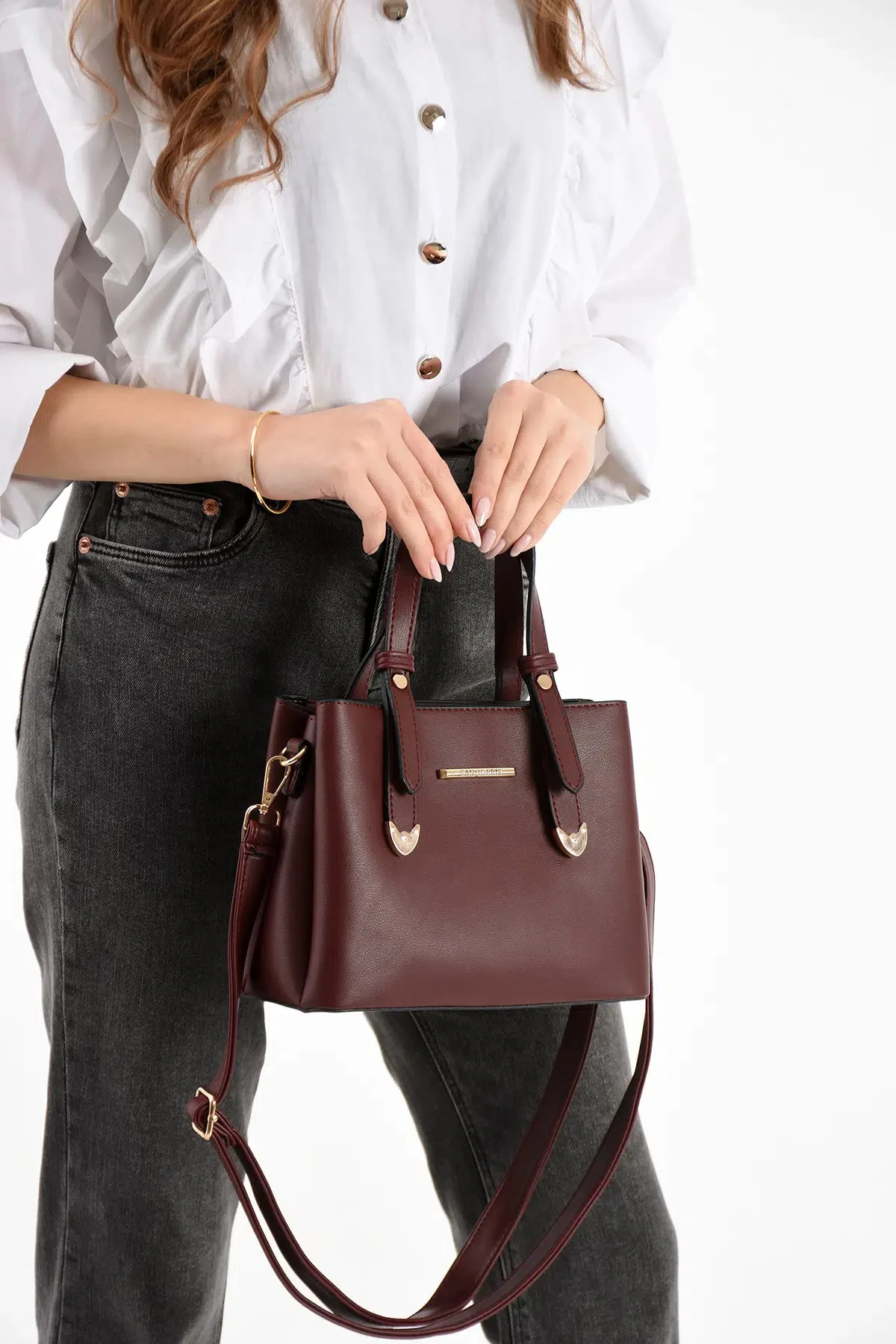 4 Bölmeli Gold Aksesuarlı Şık Kadın Omuz ve El Çantası - Bordo