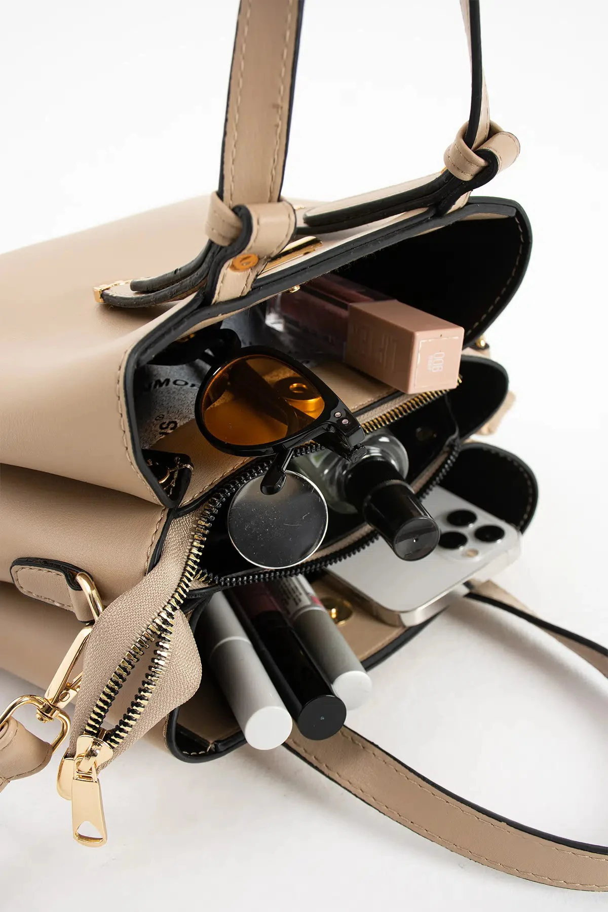 4 Bölmeli Gold Aksesuarlı Şık Kadın Omuz ve El Çantası