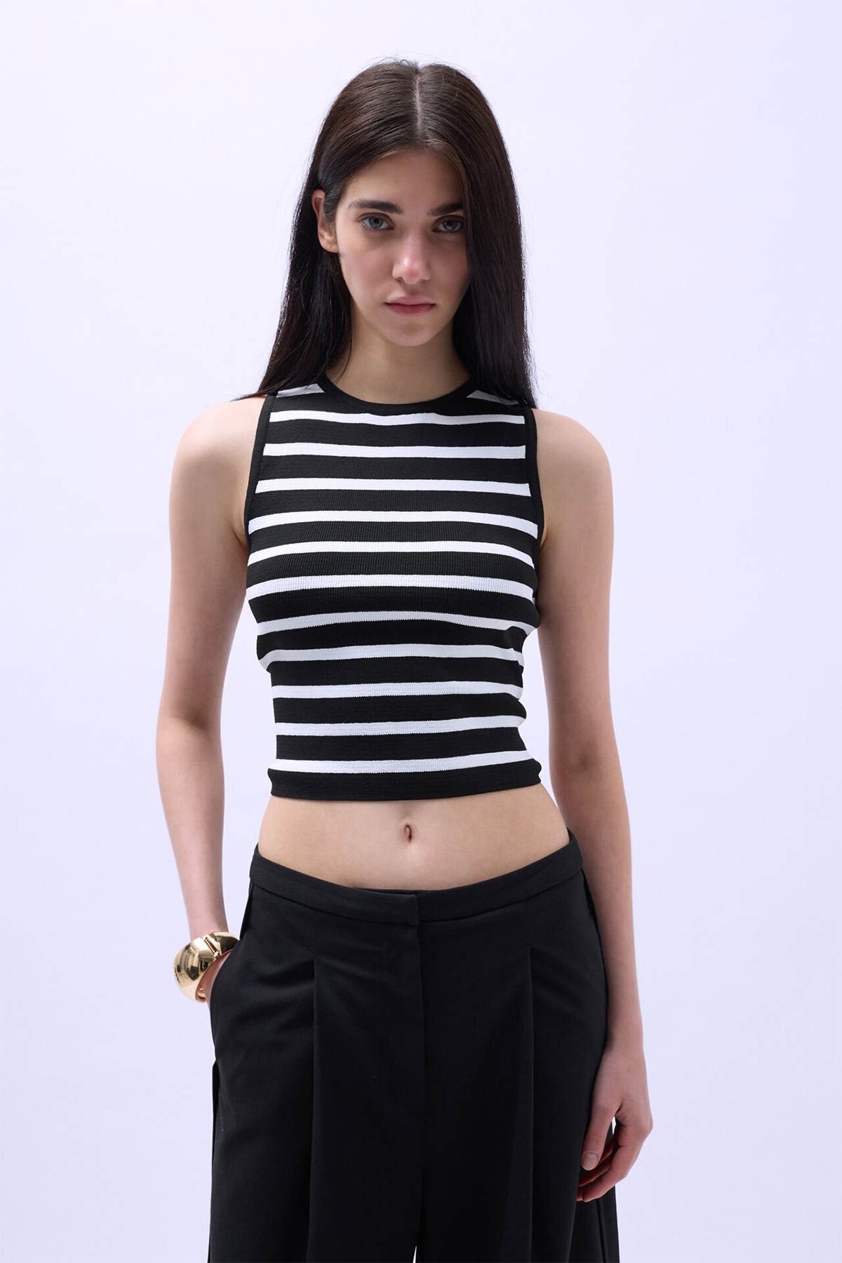 Halter Yaka Yatay Çizgili Crop