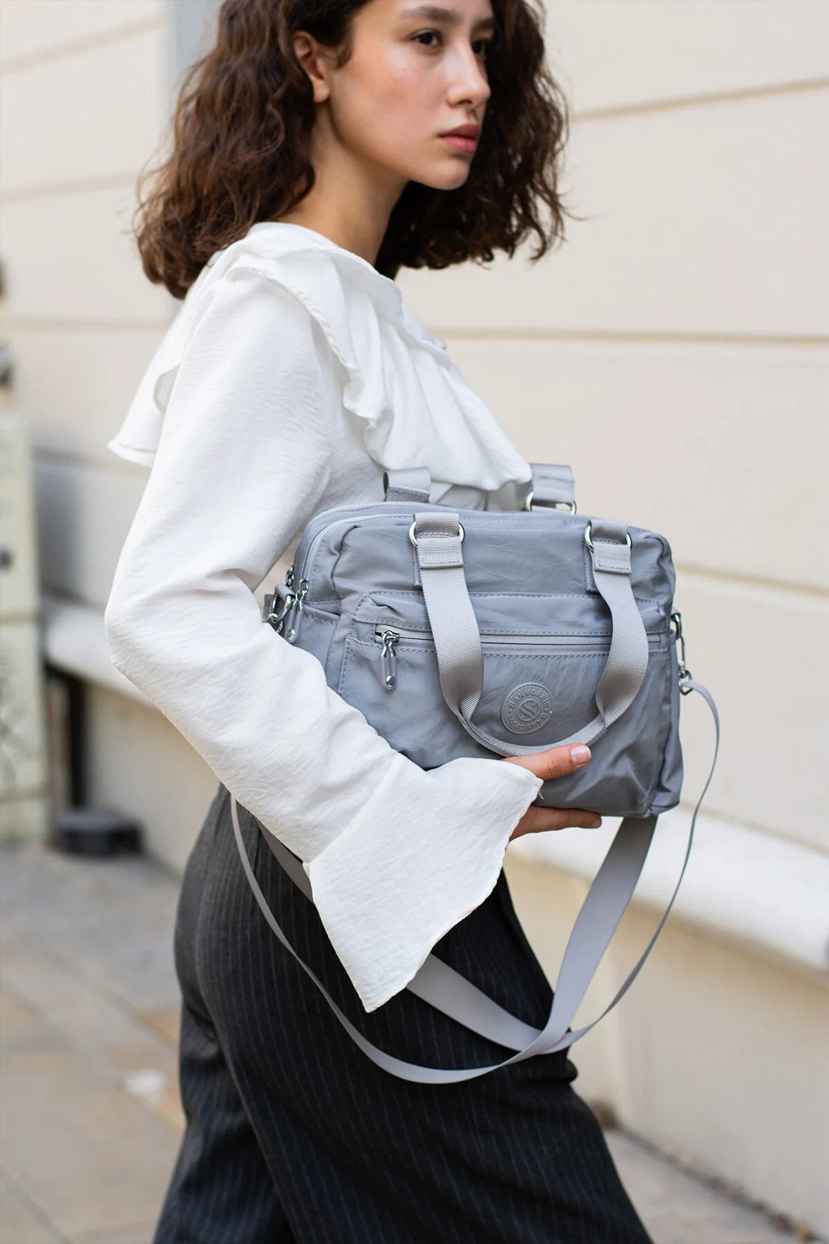 Paraşüt Kumaş 4 Bölmeli Çapraz Askılı El ve Omuz Çantası - Açık Gri