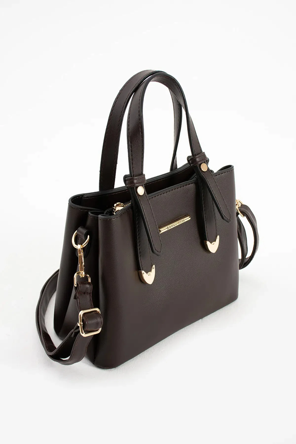 4 Bölmeli Gold Aksesuarlı Şık Kadın Omuz ve El Çantası - Koyu Kahverengi