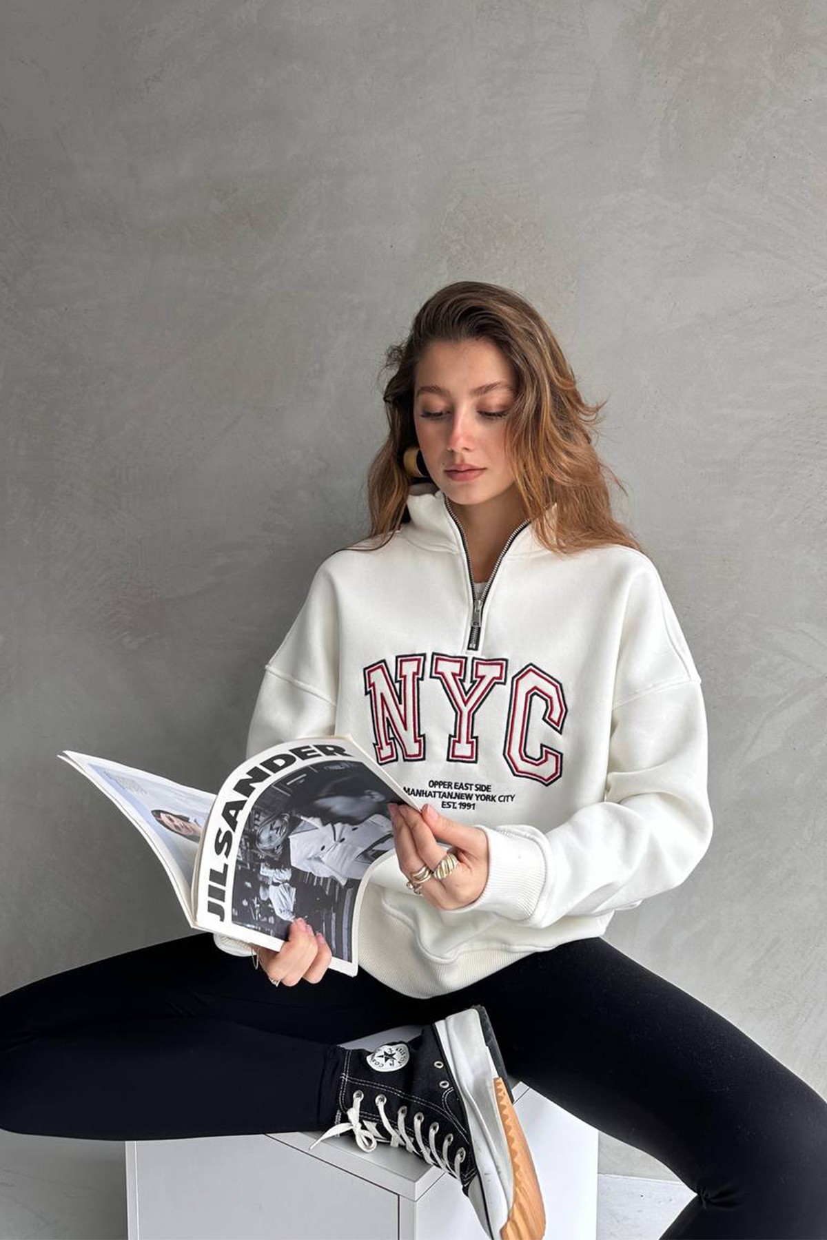 Oversize Kadın Sweatshirt Yumuşak Dokulu Yarım Fermuarlı NYC Baskılı Sweat