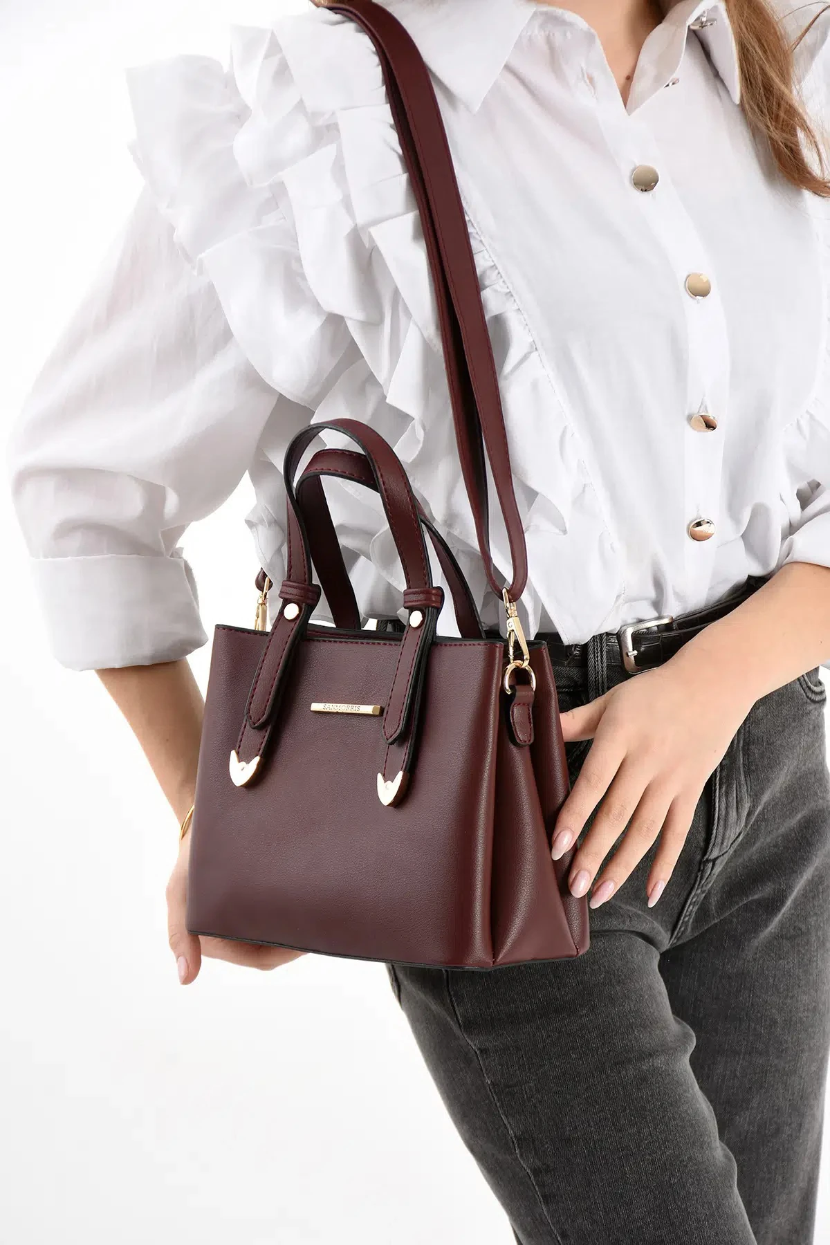 4 Bölmeli Gold Aksesuarlı Şık Kadın Omuz ve El Çantası - Bordo