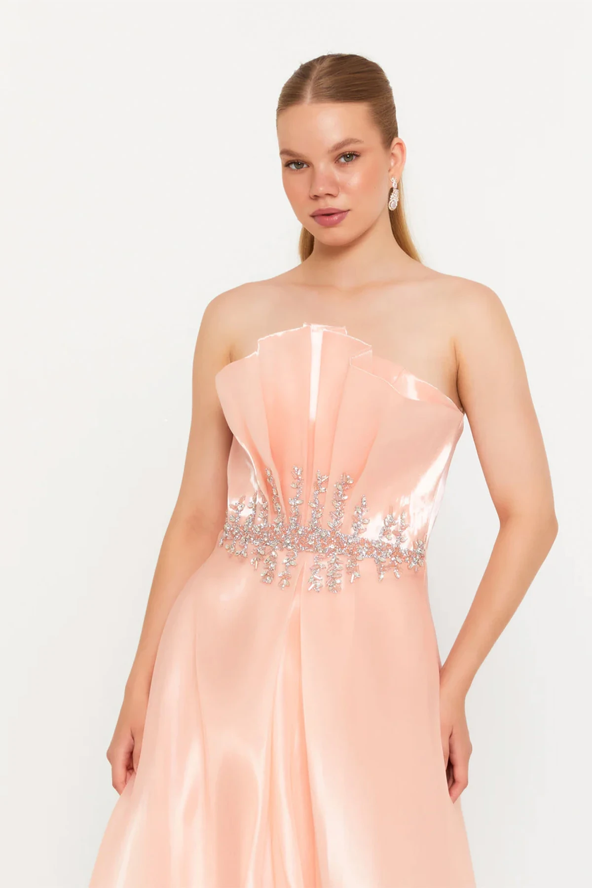 Straplez Uzun Tül A Kesim Abiye Balo Elbisesi - Somon