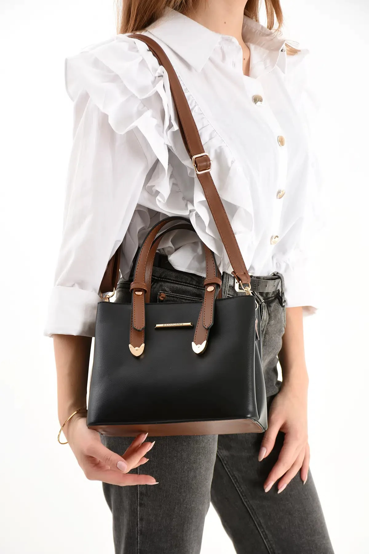 4 Bölmeli Gold Aksesuarlı Şık Kadın Omuz ve El Çantası - Siyah Taba