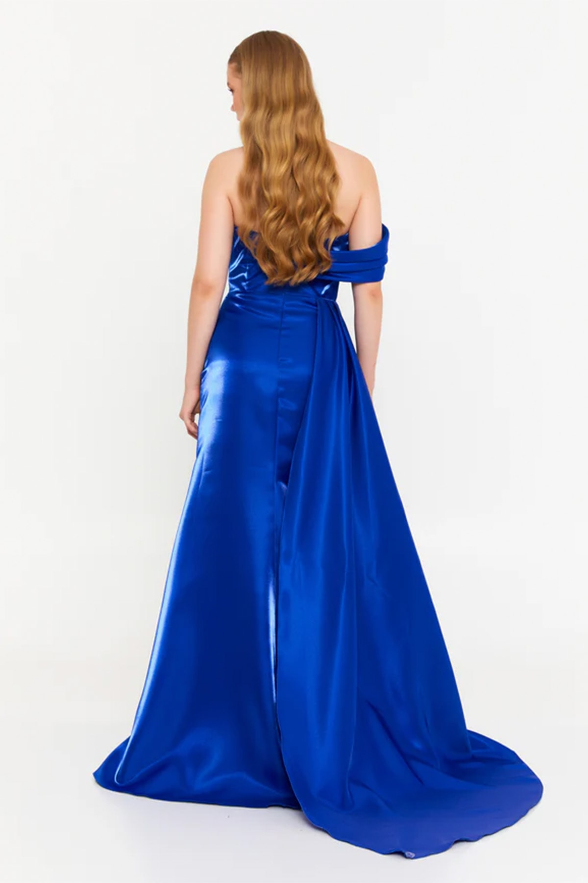 Tek Omuzlu Uzun Polyester Denizkızı Regular Abiye Elbise - Sax Mavi