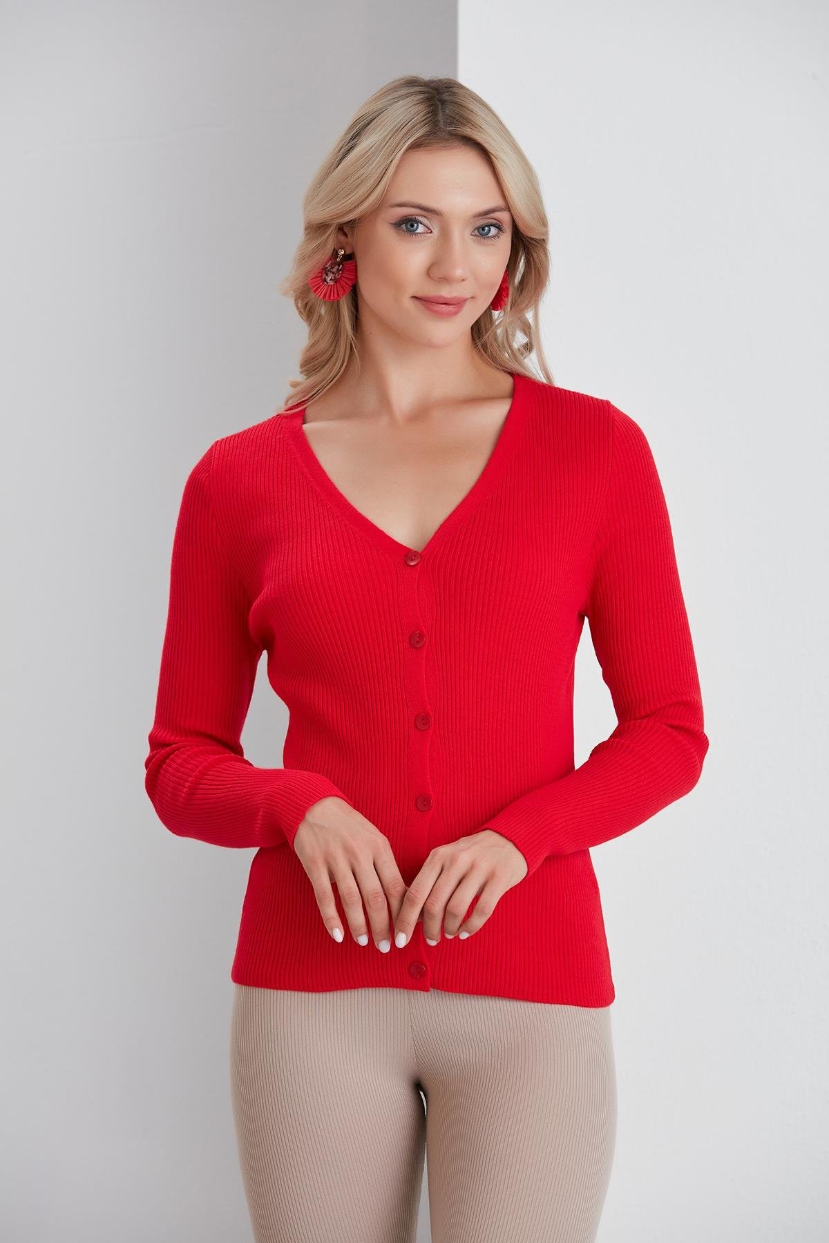 İnce Fitilli V Yaka Slim Fit Kadın Hırka - Kırmızı