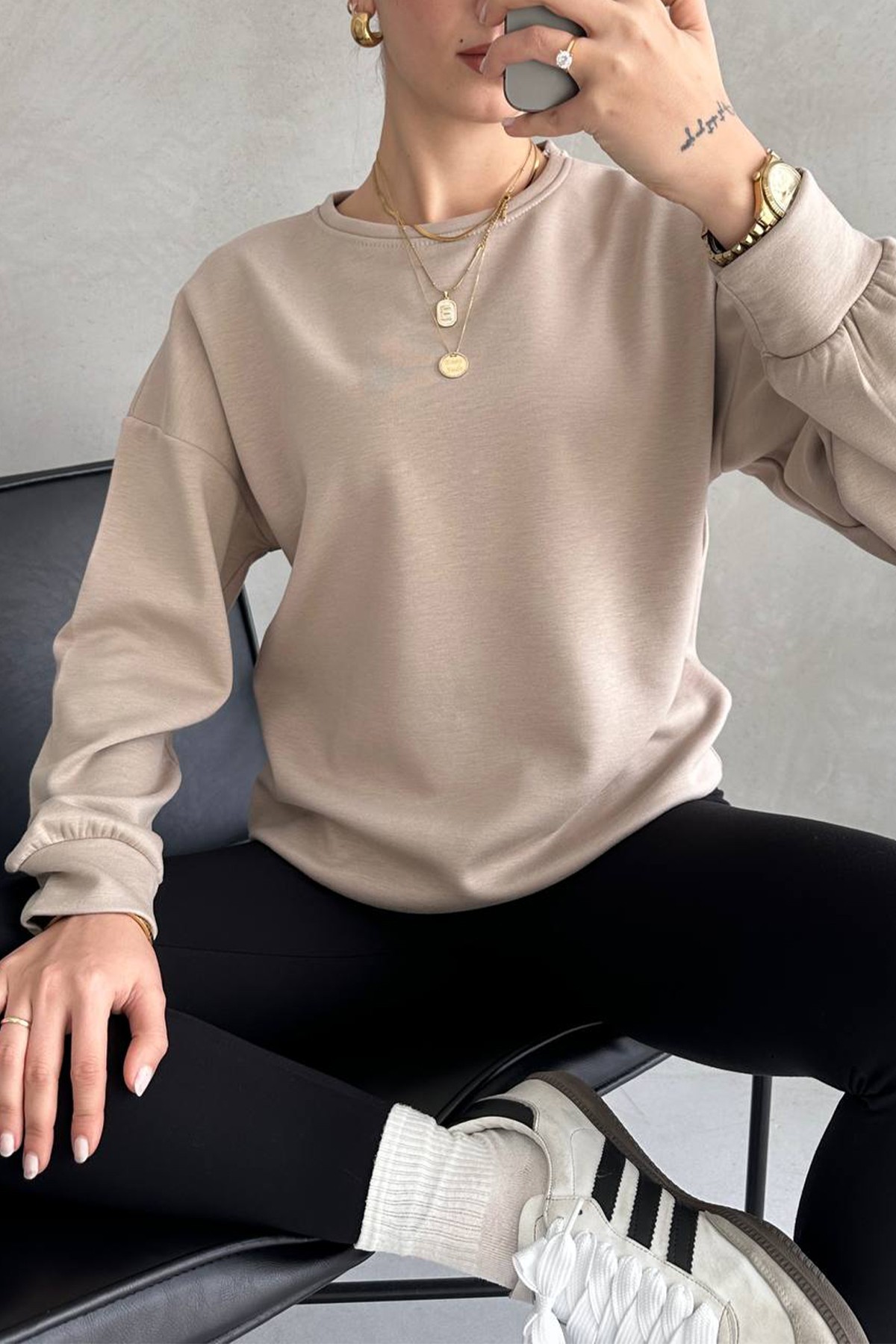 Kadın Sweatshirt İçi Polarlı Bisiklet Yaka Modal Kumaş Basic Sweat - Бежевый